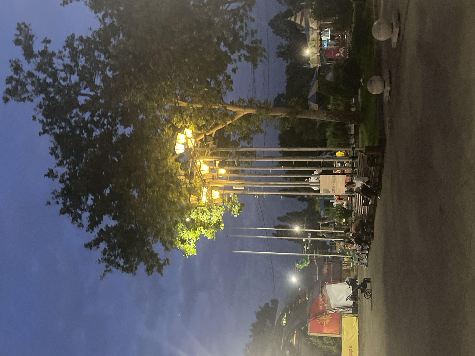 In a park in Krasnodar, Russia, at dusk, a group of people are relaxing on benches under the soft glow of streetlights. The sky is a deep twilight blue, with a few wispy clouds. A large tree with illuminated leaves stands prominently in the foreground, its branches stretching towards the sky. In the background, a carousel and other park attractions are visible, hinting at the lively atmosphere of the park. A baby stroller and several bicycles suggest that families are enjoying the evening.