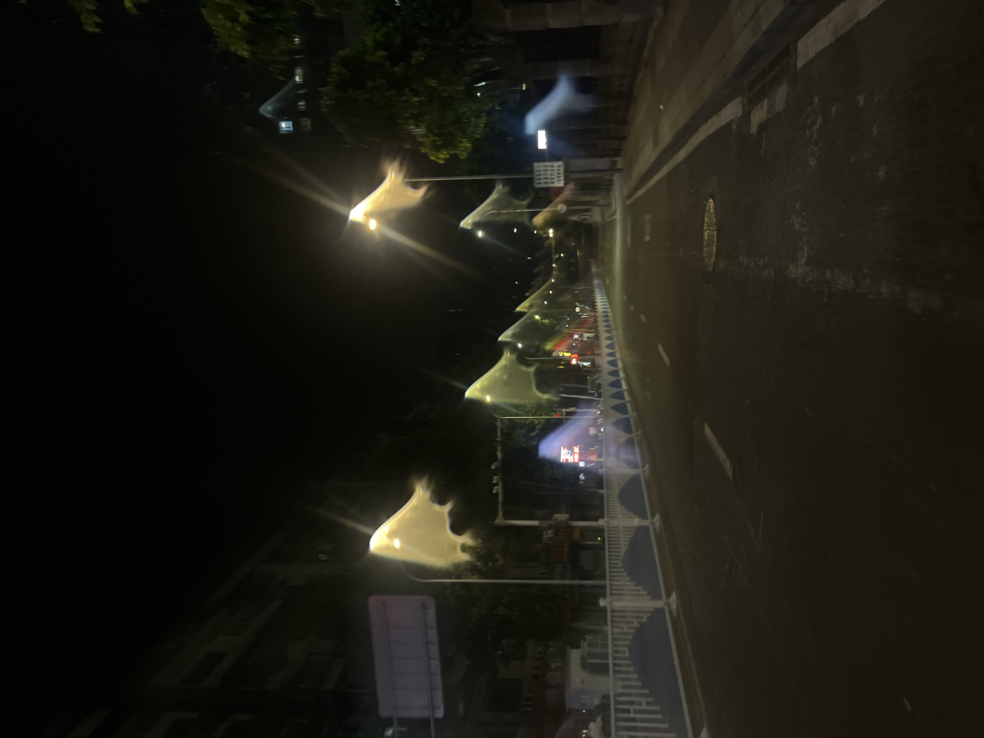 The image depicts a street scene at night in the Yuzhong District of China. The street is paved and appears to be wet, with reflections of streetlights visible on the surface. There are streetlights lining the right side of the road, casting a yellowish-white glow. Buildings are visible on the left side of the street, appearing as dark structures with some illuminated windows. A white metal barrier with blue accents runs along the left side of the street, separating it from the sidewalk or adjacent area. Various traffic signs and street decorations, possibly flags or banners, are present along the roadside, some of which appear blurred or distorted by the lighting conditions. The sky is dark, indicating it is nighttime. There are no visible people or vehicles in the image.