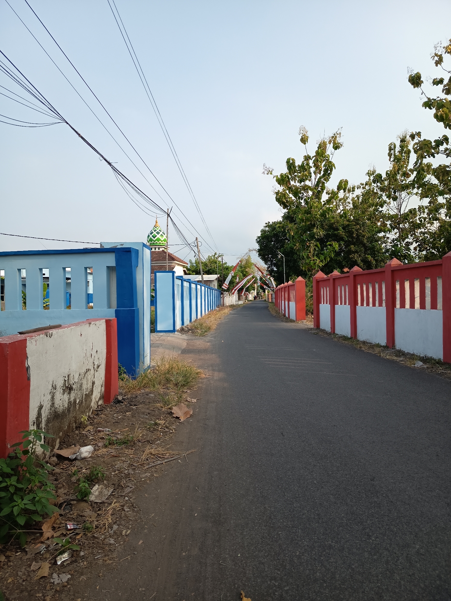 The image depicts a straight asphalt road flanked by colorful fences and vegetation under a pale sky. On the left, a low, weathered concrete wall with red and white sections is visible, bordering a blue and white fence with vertical slats. Beyond this fence, a green-domed building, likely a mosque, is partially visible. To the right of the road, a red and white fence with decorative vertical elements extends into the distance. Trees with dense green foliage are present on the right side of the frame, behind the red and white fence. Several overhead wires crisscross the upper portion of the image. The environment appears to be a semi-urban or rural area in Kandangjati Wetan, Indonesia, characterized by its distinct fencing styles and the presence of a place of worship. No people or specific actions are evident in the scene, which seems to capture a quiet moment, possibly early morning or late afternoon due to the lighting. Debris, including dried leaves and what appears to be plastic waste, is scattered along the roadside.