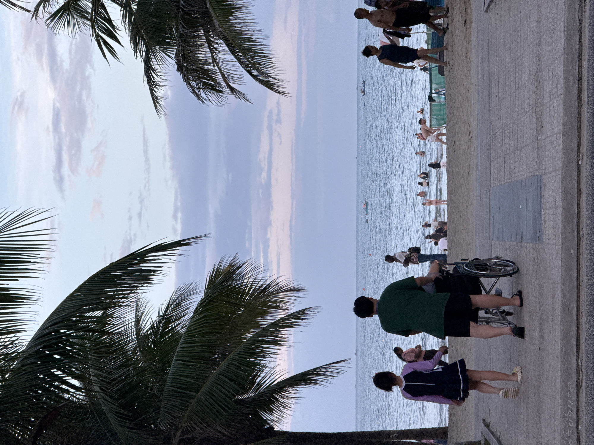 This media file captures a vibrant beach scene in Đà Nẵng, Vietnam, likely during the late afternoon or early evening, indicated by the soft, diffused light and pastel hues in the sky.
The image is framed by dark green palm fronds, prominently featured in the upper left and upper right corners, suggesting a tropical setting. In the foreground, a paved promenade runs parallel to a wide sandy beach and the ocean. On this promenade, several people are visible. Most notably, a person wearing a green shirt and dark shorts is pushing a wheelchair, accompanied by a young girl in a dark skirt and a purple and black long-sleeved top, who walks beside them. Further along the promenade, other individuals are strolling.
The sandy beach is populated with people, some walking near the water's edge. The ocean is filled with numerous swimmers and waders, enjoying the calm waters. In the distance, several small boats are scattered across the water. The sky above is a blend of soft blues, whites, and subtle pinks, with wispy clouds stretching across the horizon. The overall atmosphere appears relaxed and leisurely, characteristic of a popular beach destination. No visible text is present in the image.
