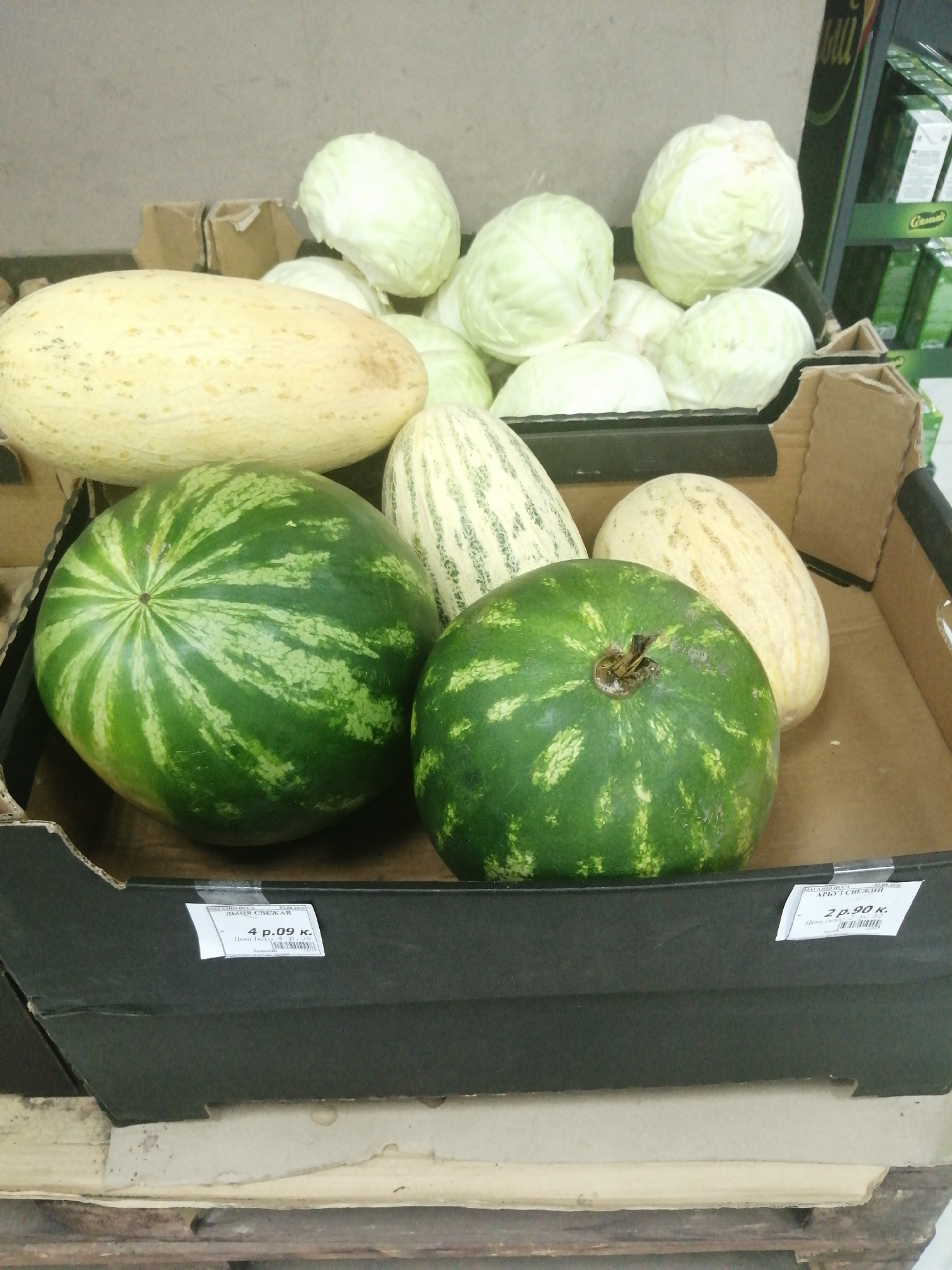 A pile of fresh produce is displayed in cardboard crates. In the foreground, two large, round watermelons with dark green stripes are visible. Behind them, a long, pale yellow melon and a striped melon are partially obscured. Several heads of pale green cabbage are stacked on top of the melons in the background. The scene appears to be in a market or grocery store setting. A price tag reading "4 р. 09 к." is attached to the front of the crate. Another price tag reading "2 р. 90 к." is visible on the right side of the crate. The overall impression is one of a fresh produce display. The specific location of Slonim, Belarus, is not visually evident in the provided image.