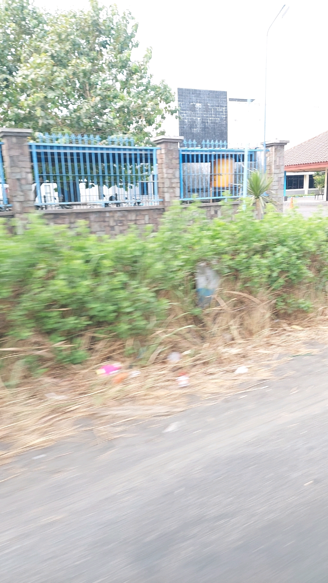 The image depicts a blurred view of a street in Pilang, Indonesia. A blue metal fence with pointed finials runs horizontally across the mid-ground, separating a paved road from a property behind it. The property features a building with a dark, textured facade and a tiled roof to the right. Green foliage, possibly trees and bushes, is visible behind the fence, with some dry grass and debris in the foreground. A street light stands tall on the right side of the frame. The overall impression is a snapshot of an outdoor environment, likely captured while in motion, given the blur.