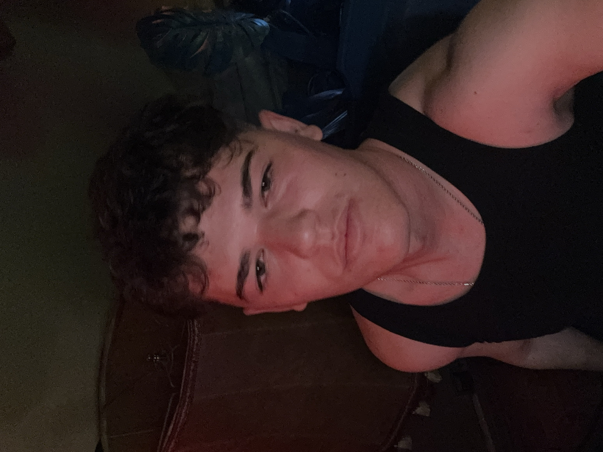 The image portrays a young man in a dimly lit indoor setting, captured in what appears to be a selfie or a close-up portrait. He is looking directly at the camera with a relaxed, slightly smirking expression. The man has dark, curly hair and defined eyebrows. He is wearing a plain black sleeveless top, and a thin silver chain necklace is visible around his neck.
The predominant lighting in the scene is artificial and emits a strong red glow, which is particularly evident on his skin, arms, and shoulders, creating a warm and somewhat dramatic ambiance. The background is dark and indistinct, with hints of dark furniture or fabric, reinforcing the indoor setting. The image quality shows some graininess, likely due to the low-light conditions.
No specific activities are depicted beyond the subject posing for the photograph. There are no visible location cues within the image, but the provided context places the scene in Sofia, Bulgaria. No text is visible in the media file. The time of day appears to be evening or night, given the artificial and low lighting.