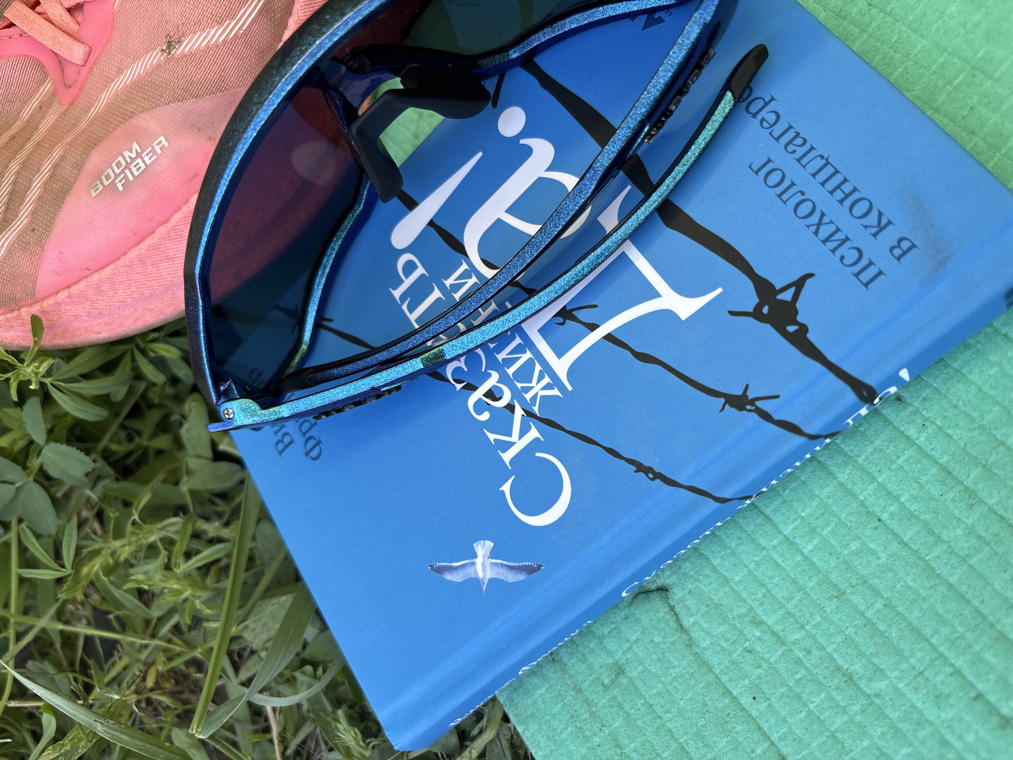 The scene depicts a pair of blue sunglasses resting on top of a blue book written in Russian. The title roughly translates to "The Story of a Life." The book rests on a green textured surface. A pink sneaker is visible in the upper left corner. The scene appears to be outdoors on grass and vegetation. The location in the city of Khvalynsk, Russia is not discernible from the image.