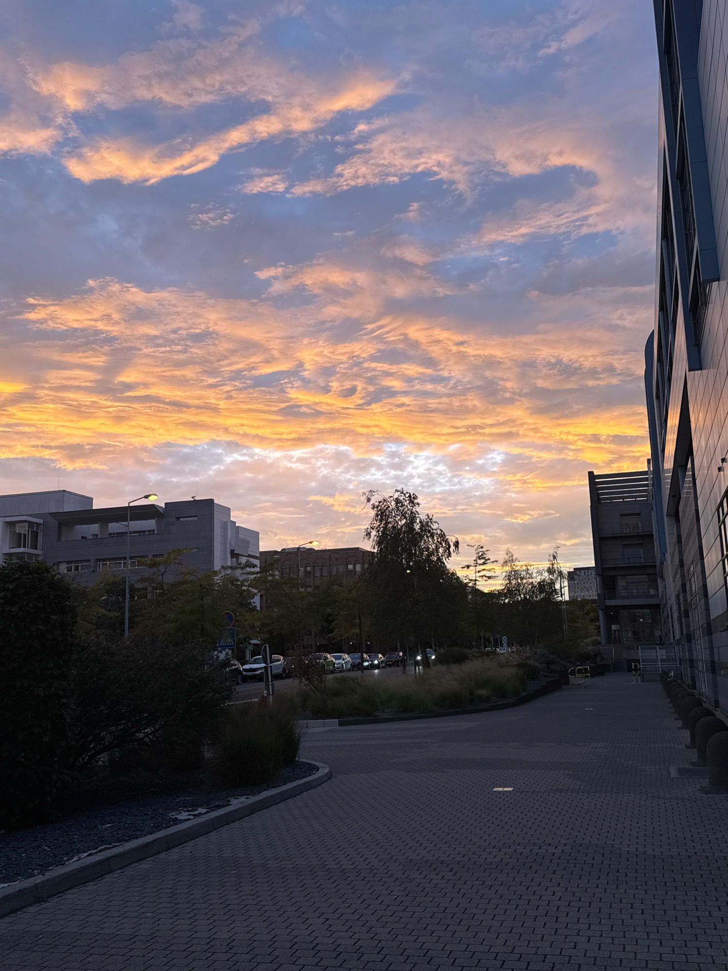 The image depicts a street scene at dusk in the city of Luxembourg. A modern, dark-colored building with multiple levels and windows occupies the right side of the frame. To the left, several other buildings are visible, including a gray, multi-story structure with a prominent light pole in front of it. Beyond these, a row of trees and what appears to be a street with parked cars can be seen. The sky is filled with dramatic clouds, illuminated with warm hues of orange and yellow, suggesting either a sunrise or sunset. The ground in the foreground is paved with gray interlocking bricks, forming a walkway or parking area. The lighting is dim, characteristic of twilight, with artificial lights from the buildings and street lamps beginning to illuminate the scene.