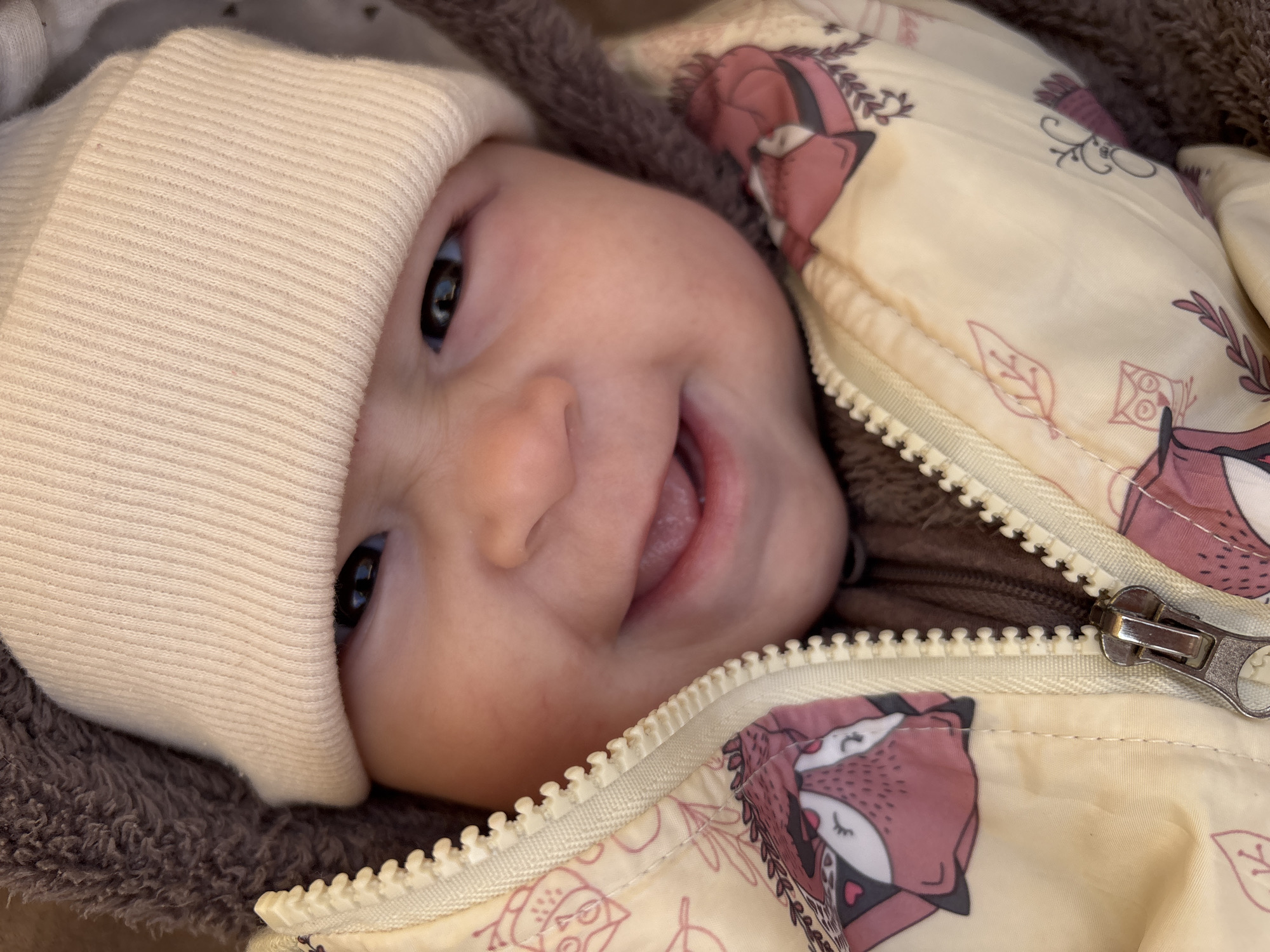 A baby wearing a cream-colored ribbed beanie and a jacket with a cream-colored fox print is lying down. The baby is smiling and has their mouth open. The jacket has a cream-colored zipper. The background is a soft, brown material. The photo was likely taken indoors. There is no indication of the location being Sochi, Russia.