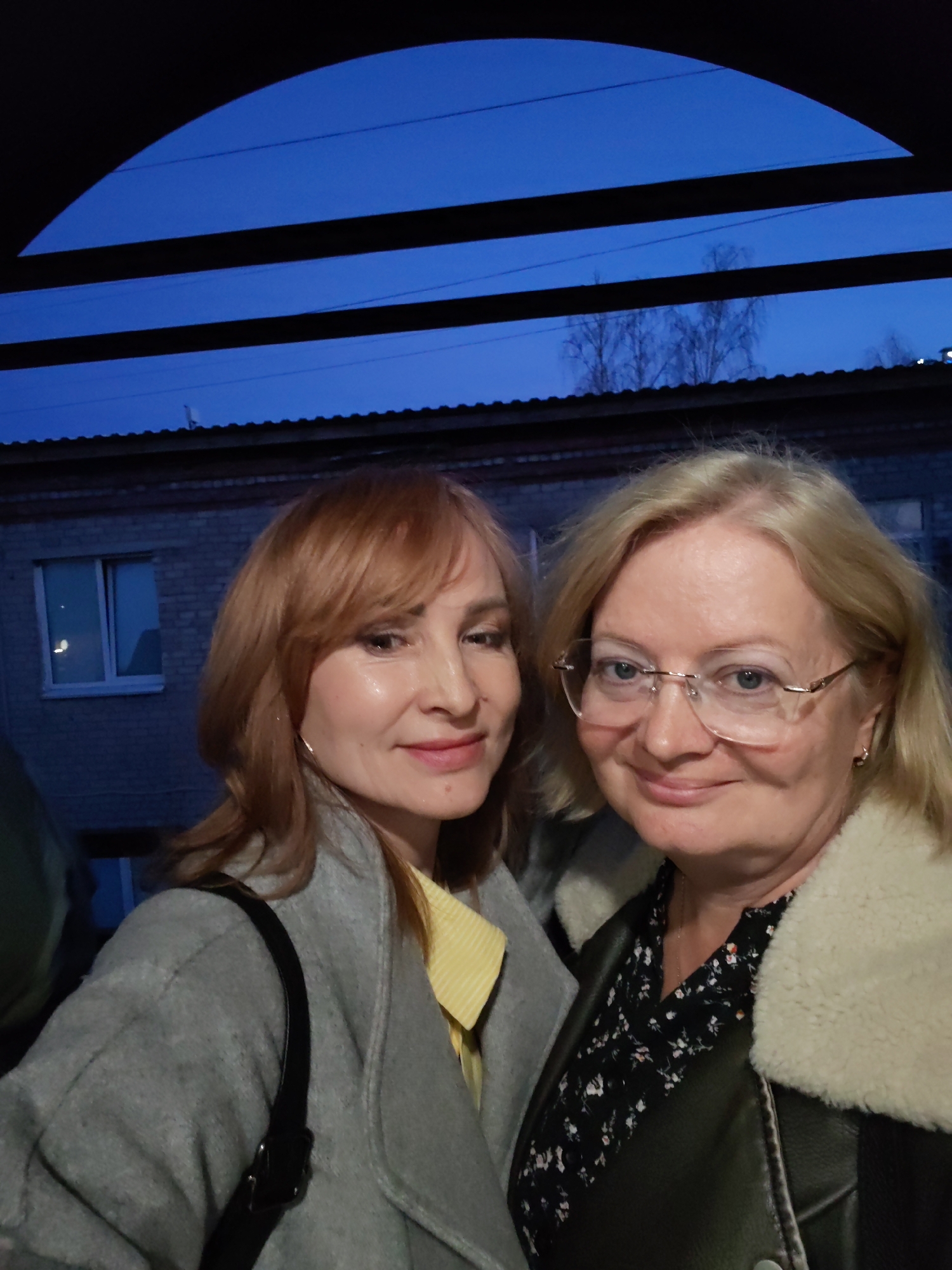 Two women are captured in a close-up selfie-style photograph, taken outdoors in Chaikovsky, Russia, during the evening or night as indicated by the dark blue sky and dim ambient lighting.
The woman on the left has reddish-brown hair styled with bangs and is wearing a light grey coat over a yellow striped shirt. She carries a black shoulder bag. Her expression is a gentle smile. The woman on the right has blonde hair, wears eyeglasses, and is dressed in a dark jacket featuring a cream-colored faux fur collar, over a dark top with a subtle floral pattern. She also smiles, looking directly at the camera.
In the background, a light-colored brick building with a rectangular window is visible. Above the building, several dark horizontal lines, possibly utility wires or structural beams, stretch across the frame against the blue sky. A dark, possibly corrugated roofline runs beneath these lines. Bare trees can be discerned in the upper right background. Both women appear relaxed and content, posing together for the photo. There is no visible text within the image.