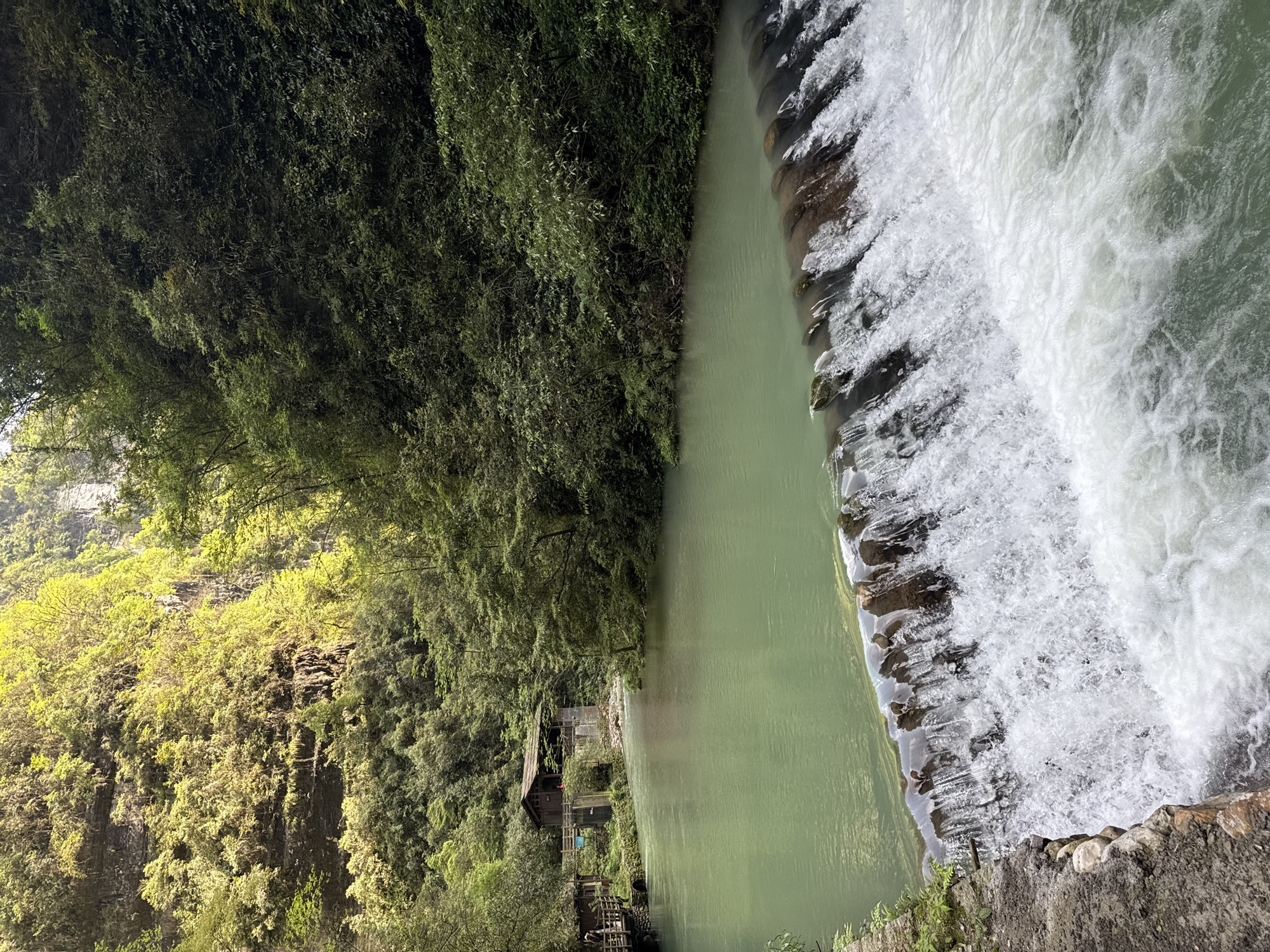 The image depicts a waterfall flowing into a river surrounded by lush green vegetation. The location is in Zhangjiajie, China. A small wooden structure with a water wheel sits on the riverbank, nestled among the trees. The waterfall is characterized by white, foamy water cascading over dark rocks. The river appears green and still, contrasting with the dynamic waterfall. The environment is heavily forested, with trees covering the slopes and surrounding the water features.