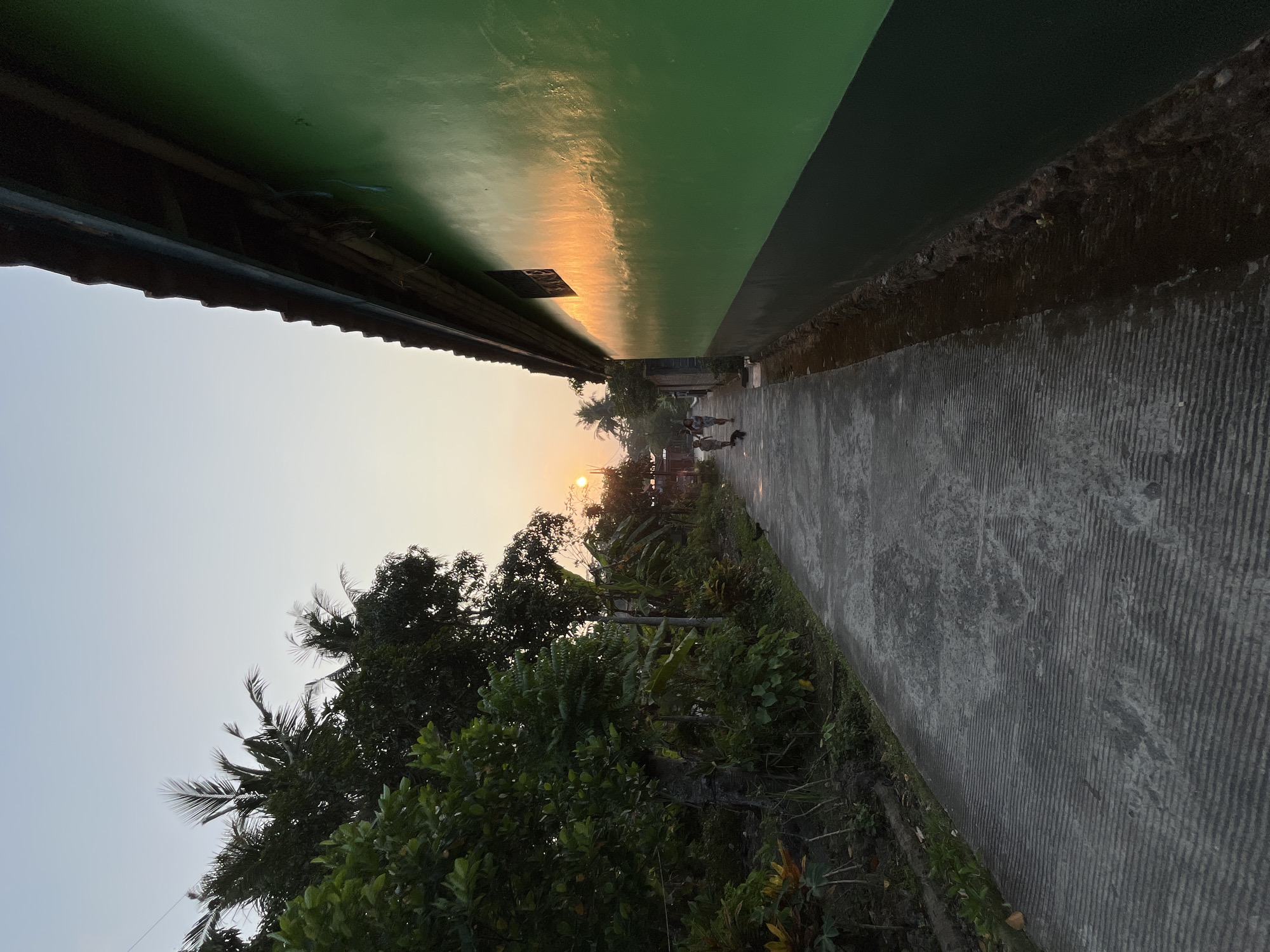 The image depicts a concrete road in Tambakreja, Indonesia, at sunset. Lush green foliage lines the left side of the road, with palm trees reaching towards the sky. On the right, a vibrant green building with a dark trim dominates the frame, its wall reflecting the warm glow of the setting sun. The sky is a soft gradient of pale blue and orange, typical of dusk. A few figures, appearing to be children, walk along the road in the distance, accompanied by a small black dog. The road itself has a textured surface with parallel grooves. The scene evokes a sense of tranquility and everyday life in a tropical setting.