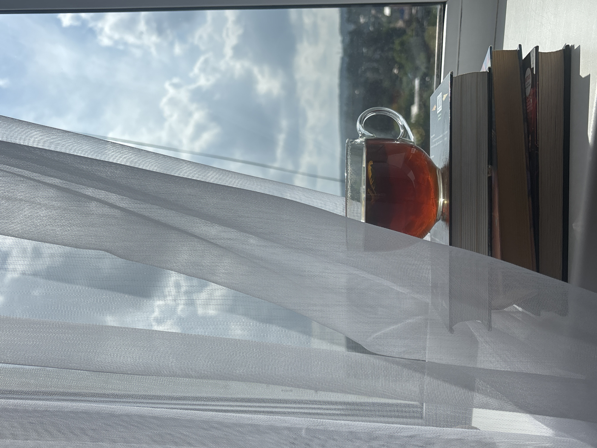A cup of tea sits on top of a stack of books on a windowsill. The cup is made of clear glass and is filled with a dark liquid, presumably tea. The books are stacked horizontally, with the top book being black and the one below it a lighter color. The windowsill is white and appears to be made of plastic. Behind the books and the cup, a window looks out onto a city scene. The sky is cloudy and blue. The city is visible in the distance, with buildings and trees. A sheer white curtain hangs in the foreground, partially obscuring the view of the window and the city. The image is taken from a low angle, looking up at the cup and books. The lighting suggests it is daytime, with sunlight coming through the window. The overall impression is one of a quiet, domestic scene. The image does not show any people. The location is described as being in the city of Chaikovsky, Russia.