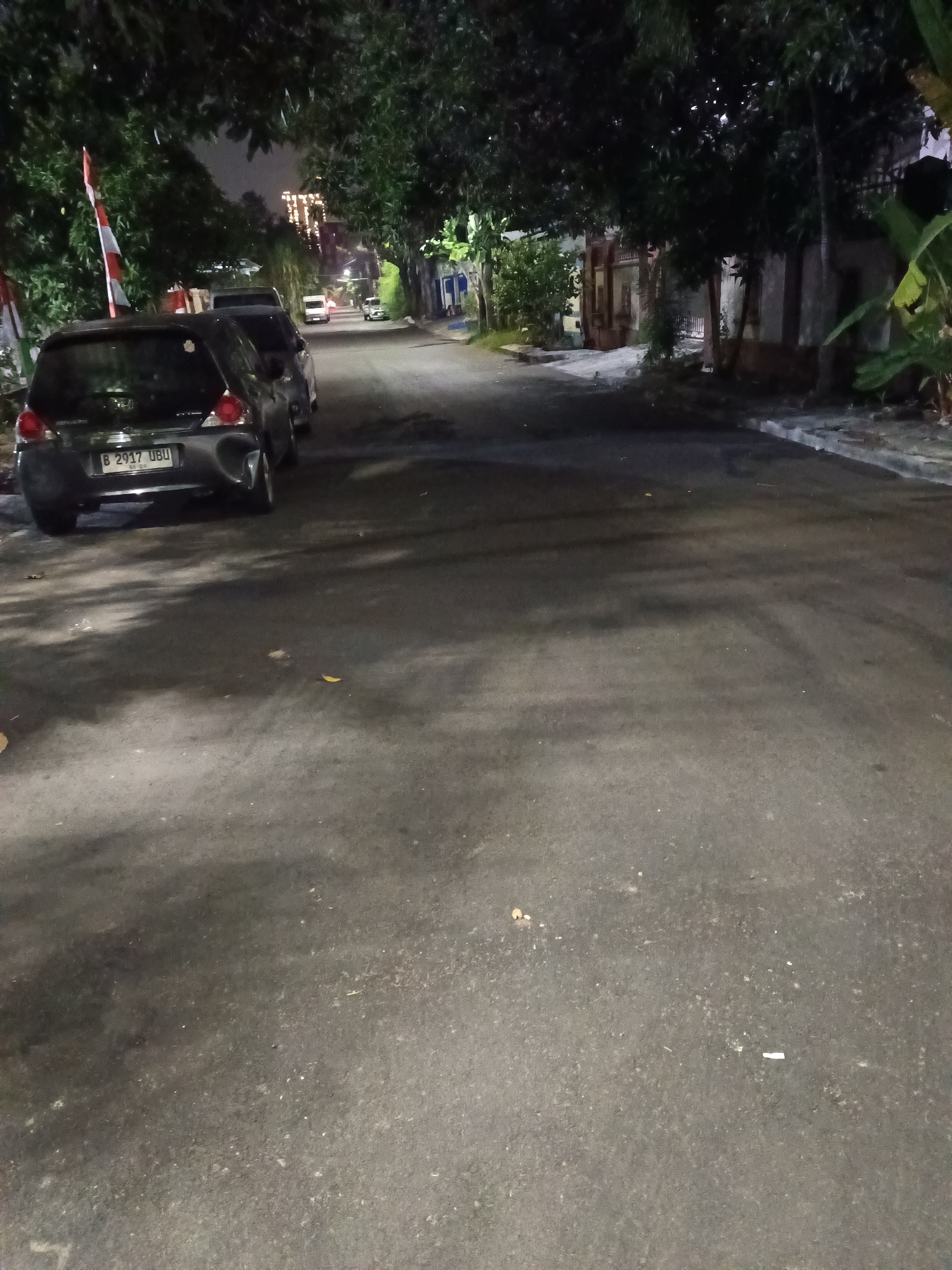 The image depicts a residential street in North Jakarta, Indonesia at night. Several cars are parked along the side of the road, with one vehicle in the foreground showing a license plate reading "B 2917 UBU". Trees with dense foliage line the street, casting shadows on the asphalt. In the distance, more parked cars and houses are visible. A flagpole with an Indonesian flag is also present on the left side of the street. The overall impression is a quiet, urban nighttime scene in a residential area.