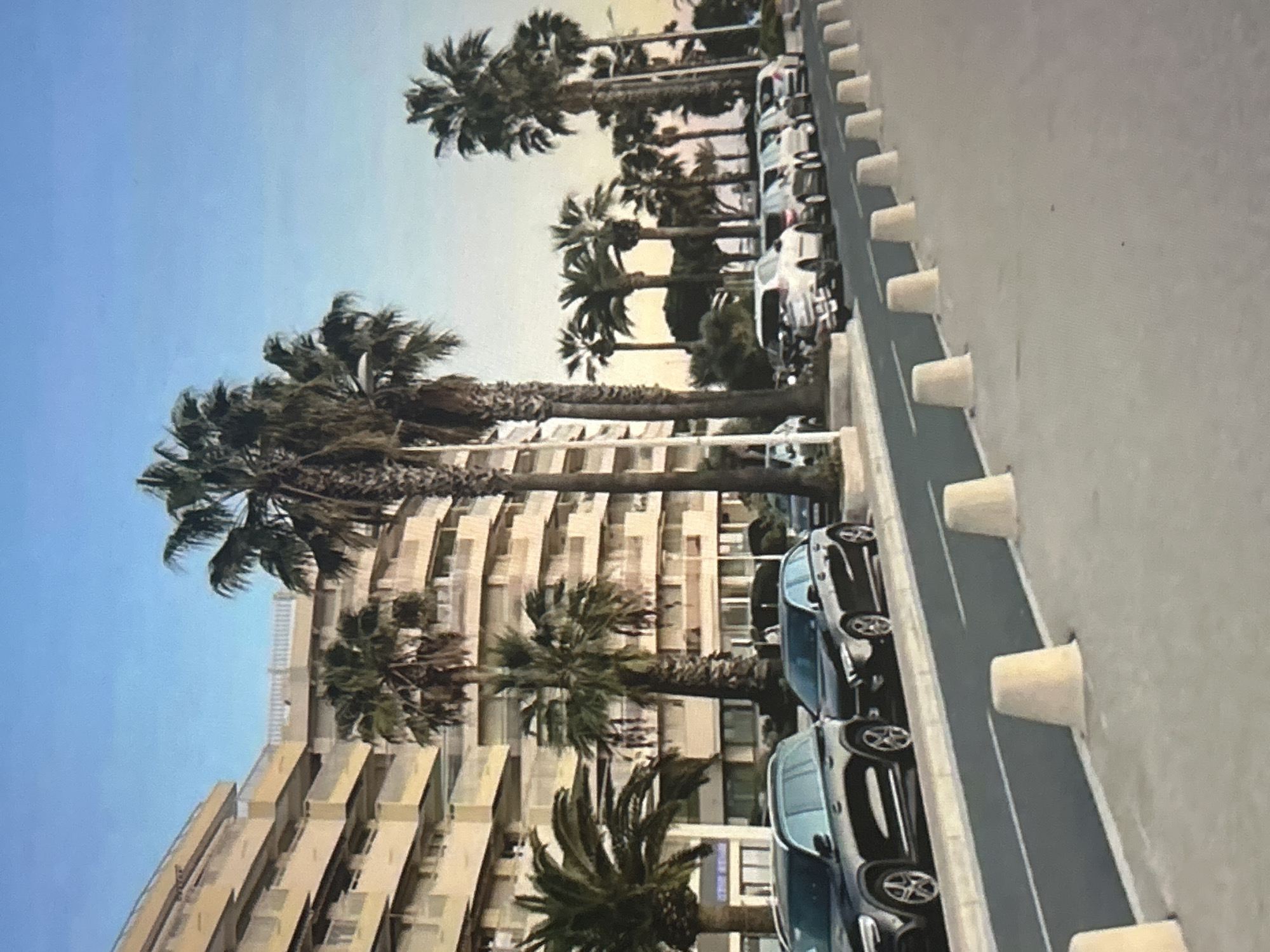 The image, appearing rotated 90 degrees clockwise from its natural orientation, depicts a sunny urban street scene. Correctly viewed, a multi-story building with numerous balconies lines the left side, characterized by a light-colored facade, possibly beige or cream. In front of the building, a row of tall palm trees with dense green fronds extends upwards, some reaching above the building's height.
On the right side of the street, a series of cars are parked neatly along the curb. These vehicles are mostly modern, with several dark-colored cars, including what appears to be a blue convertible in the foreground. A distinct row of light-colored, conical bollards separates the road and parked cars from a wide, empty concrete area on the far right.
The sky is a clear, bright blue, suggesting fair weather and daytime conditions. The natural light indicates it is likely morning or afternoon. The presence of numerous palm trees alongside multi-story buildings and parked cars strongly suggests a resort town or a city in a warm, possibly Mediterranean or tropical, climate. No people are visible, and no specific activity is taking place beyond the vehicles being parked. There is no legible text visible on any part of the buildings, cars, or street signage.