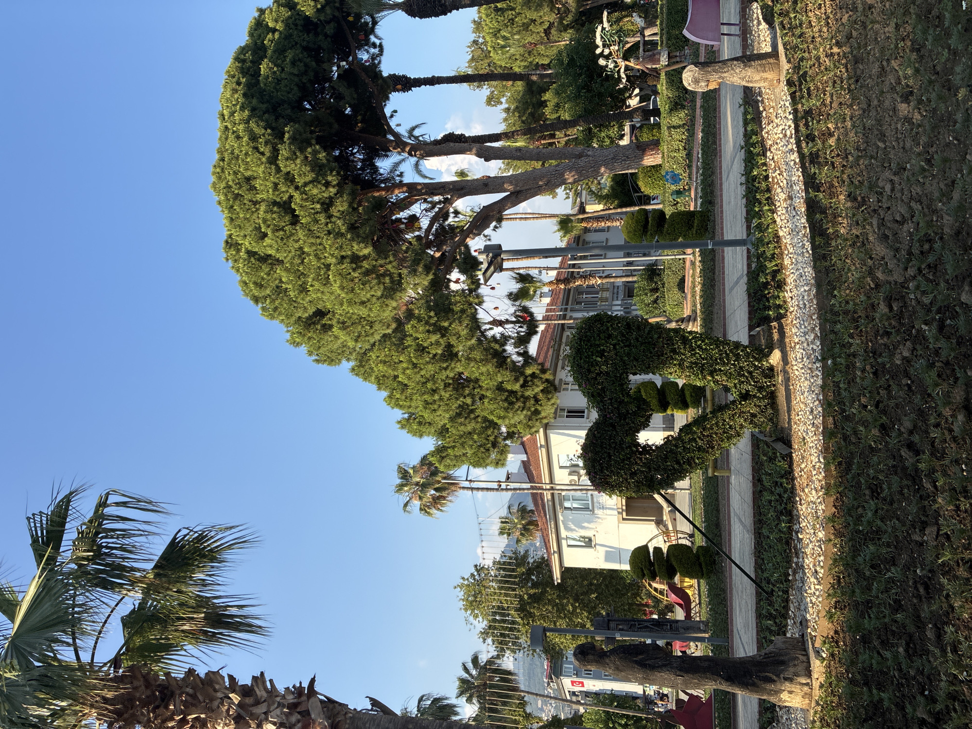 In Alanya, Turkey, a park scene unfolds under a clear blue sky. In the foreground, a meticulously sculpted heart-shaped hedge dominates the view, with two stylized wooden figures, one appearing to be a statue and the other a carved effigy, flanking it. Behind the hedge, a white building with a terracotta roof is visible, interspersed with various trees, including tall palm trees and a large pine tree. A lamppost stands to the left of the hedge, and further in the background, other buildings and a street can be observed. The ground is covered with gravel and patches of greenery, suggesting a well-maintained public space.