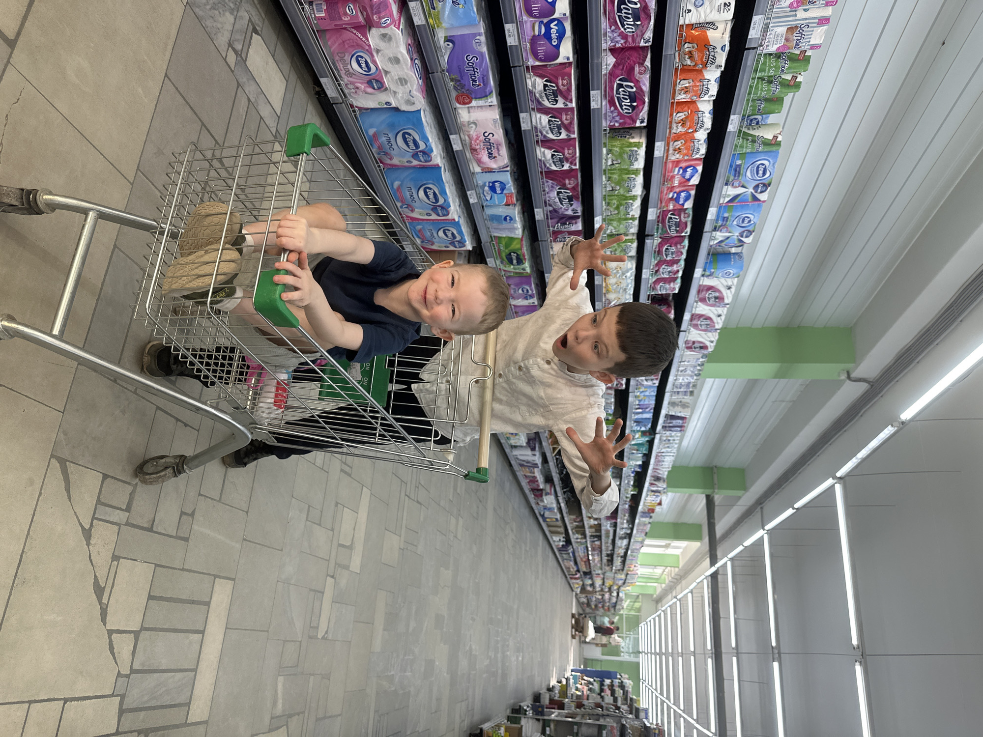 Here is a detailed description of the image:
**Scene Overview:**
The image is taken at an oblique angle from inside a grocery store in Chaikovsky, Russia. A shopping cart occupies the foreground, with two children inside it.
**People:**
* Two children are visible in the shopping cart. One is sitting inside the cart, holding onto the sides with both hands and smiling. The second child is standing next to the cart with one hand extended outward in an excited gesture.
**Objects:**
* A metal shopping cart with green handles is prominently featured.
* Shelves stocked with toilet paper of various brands are visible along the right side of the image.
* The floor is made of gray-toned tiles.
* Fluorescent lights are seen on the ceiling.
* The store appears to be well-stocked with various goods.
**Actions and Interactions:**
* The children are positioned inside the shopping cart.
* The children are exhibiting excitement and playfulness.
**Environment:**
* The scene takes place in a grocery store in the city of Chaikovsky, Russia.
* The lighting is typical of retail environments, with bright artificial light dominating the space.
* The grocery store appears organized and well-maintained.