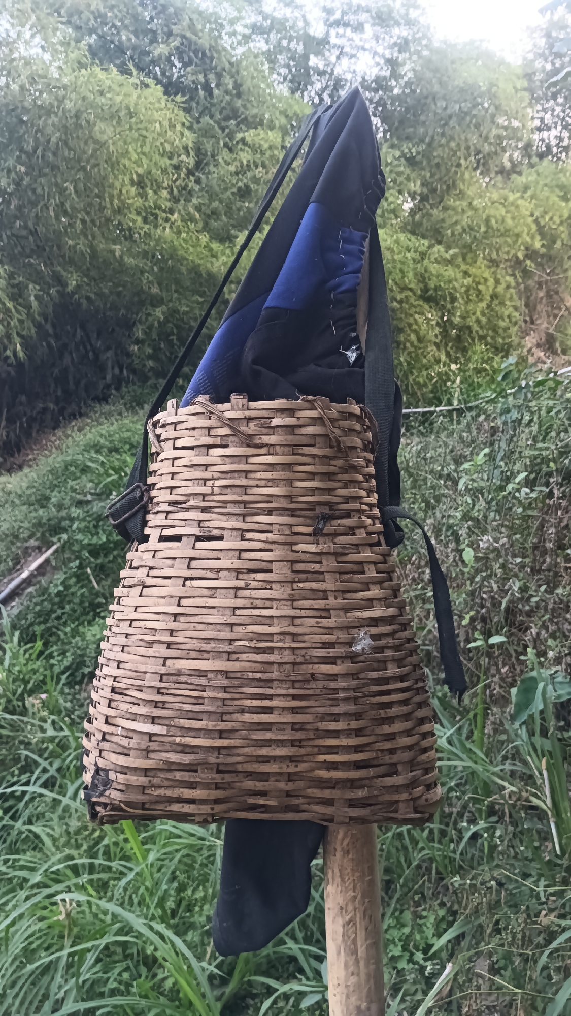 A woven bamboo basket hangs from a wooden post, laden with dark fabric, possibly clothing or bags. The basket itself is crudely constructed with horizontal bamboo strips woven around vertical supports, showing signs of wear and tear, including fraying and a dark stain on its lower half. A black strap extends from the top of the basket, looping over the wooden post and disappearing behind it. Another black strap is visible on the left side of the basket, attached to its rim. The background is dominated by lush green foliage, suggesting an outdoor, possibly rural or natural setting. The presence of bamboo trees in the background further reinforces this impression. The overall lighting suggests it is daytime, with diffused light indicating it might be overcast or late afternoon. The image appears to be taken in or around the city of Tanggan, Indonesia, given the context.