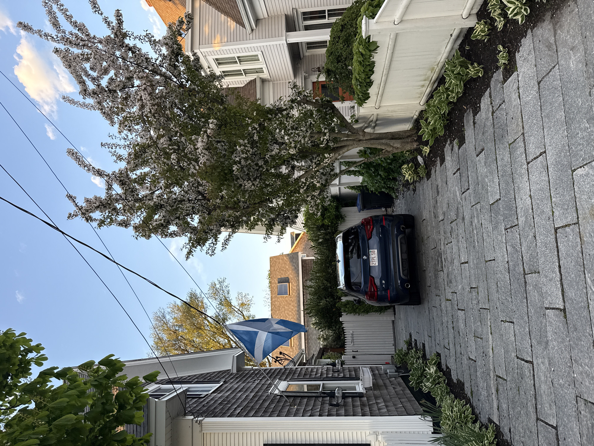 The image depicts a residential area in Provincetown, United States of America. A dark-colored SUV is parked on a gray brick driveway between two houses. A flowering tree is on the left, partially obscuring the houses. A Scottish flag is attached to one of the houses. Power lines are visible against a blue sky.