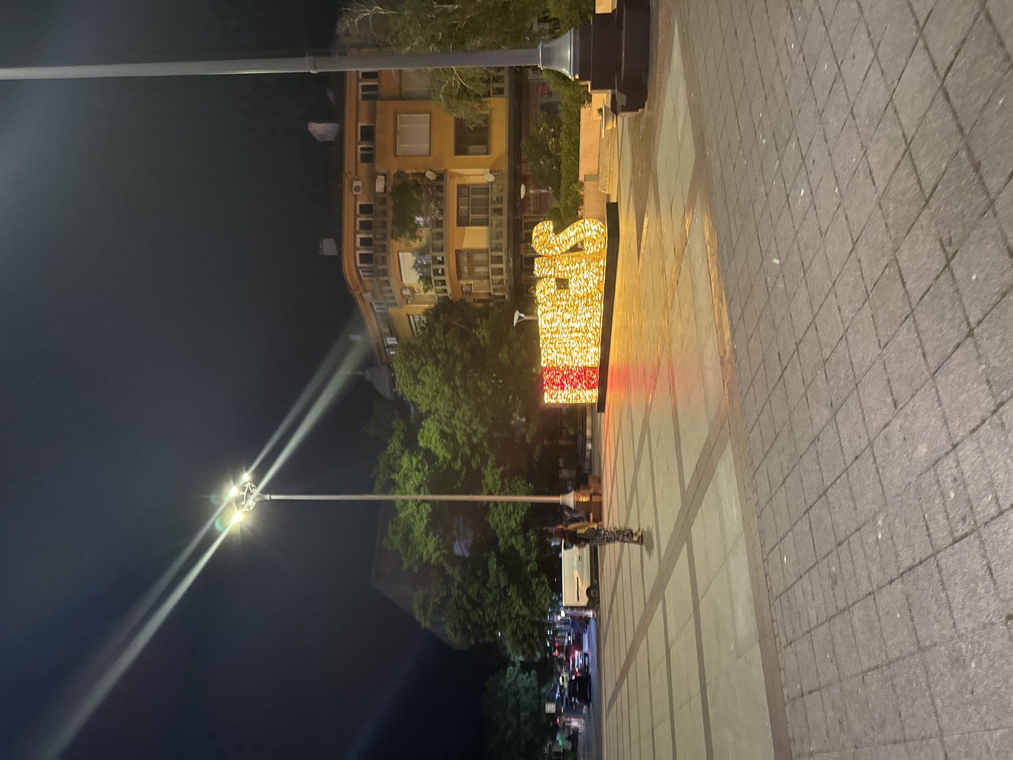 The image shows a night scene in Burgas, Bulgaria, specifically on a paved plaza. In the foreground, a person is standing in the middle of the plaza, facing away from the camera. The person appears to be wearing patterned pants and a dark top, with a backpack slung over one shoulder. To the right of the person, a large, illuminated sign made of yellow and red lights spells out "BURGAS". The sign is shaped with decorative letters and is a prominent feature of the scene.
In the background, a multi-story building with yellow facade and numerous windows is visible. Trees with green foliage are scattered throughout the background. A tall streetlamp with multiple light fixtures stands to the left of the frame, casting bright beams of light that create a lens flare effect. To the left of the plaza, vehicles, including a white van and cars, are visible on a street. The ground of the plaza is paved with square tiles. The overall ambiance is that of a public space at night, illuminated by artificial lights and a decorative sign.