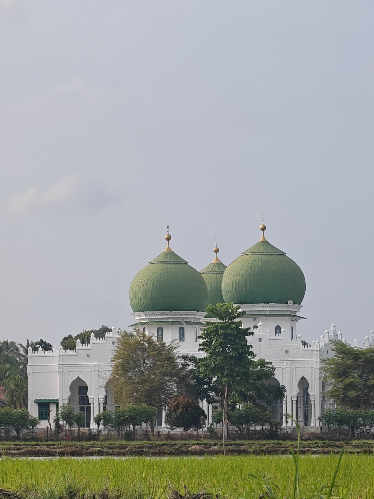 The image displays a white mosque with multiple green domes, located in Ubitpayaitek, Indonesia. The mosque features intricate architectural details, including arched windows and decorative elements on its facade. Surrounding the mosque are lush green trees and a field of rice paddies in the foreground, suggesting a rural or semi-rural setting. The sky is overcast with a few scattered clouds. There are no people visible in the image.