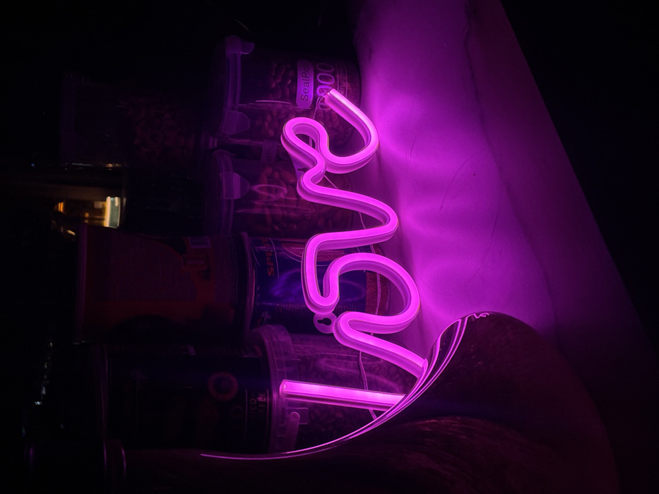 The scene depicts a magenta neon sign spelling "love" in script font, positioned on a light-colored surface within a dimly lit interior in Sofia, Bulgaria. The sign is the primary light source, casting a strong magenta glow onto the surface below and illuminating the immediate foreground. To the left, a curved, reddish-brown object, possibly a vase, is partially visible. In the background, several translucent and opaque plastic containers are arranged, some stacked, containing dark granular contents. Visible details on containers include a partial label "SealPaq" with "2000" below it on one clear container, and text indicative of "roasted coffee" on another. The environment suggests a commercial establishment's back-of-house area or a well-equipped residential kitchen/pantry. No individuals or specific actions are visible.