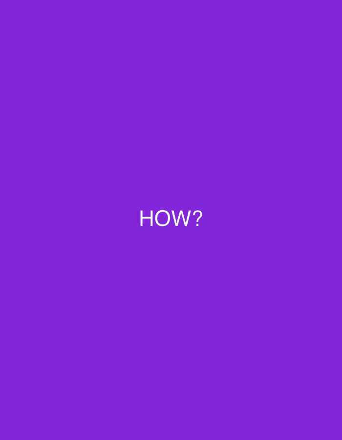 The image displays a uniform field of solid purple color. Centered horizontally and vertically within this field is white sans-serif text, uppercase, spelling "HOW?" followed by a question mark. There are no other discernible subjects, objects, individuals, actions, interactions, or environmental features present within the visual frame. The scene is devoid of any elements indicative of a specific geographical location, including the city of Rosario, Philippines.