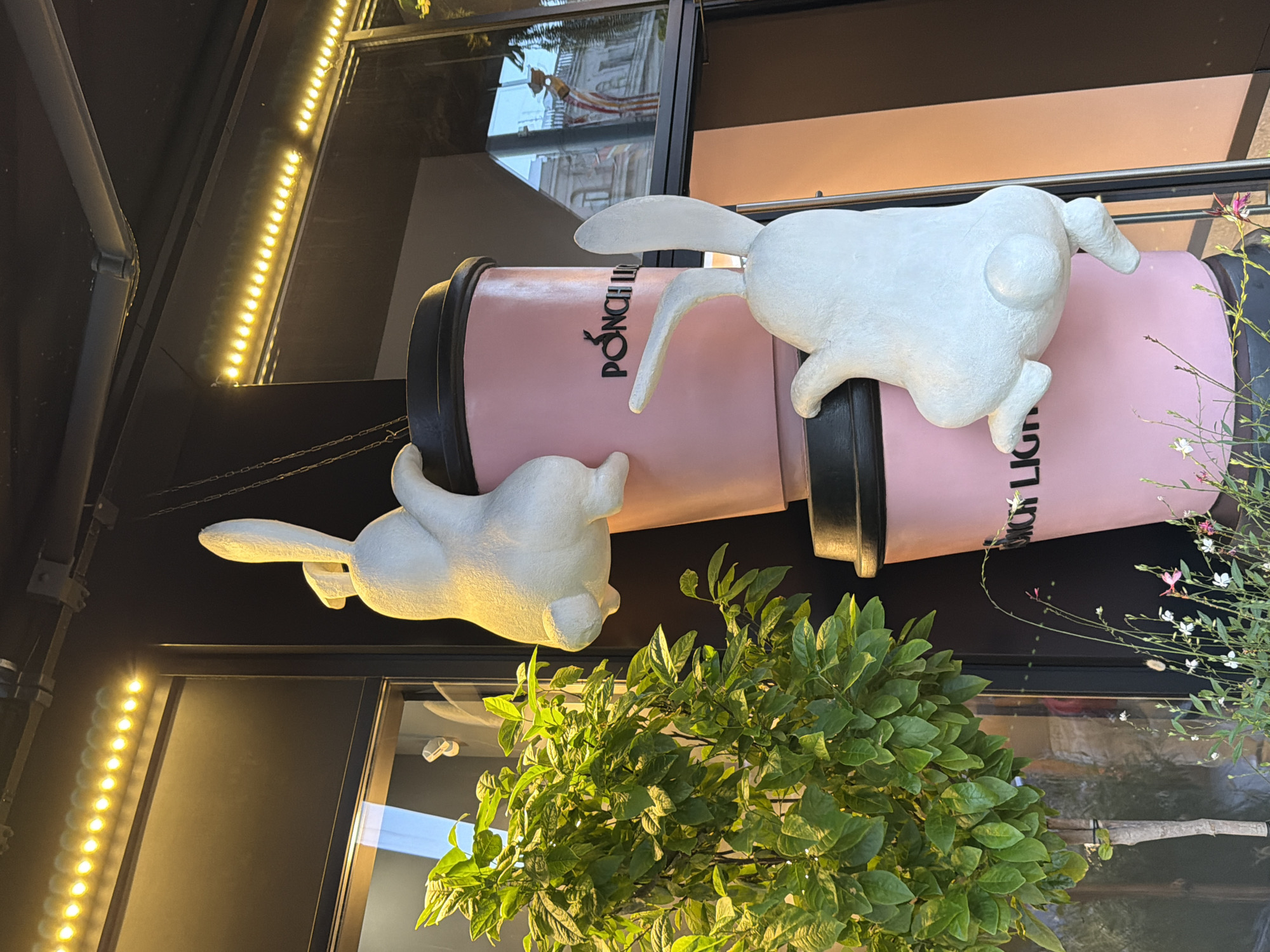 This image depicts a storefront display featuring two white rabbit sculptures clinging to stacked pink cups. The rabbits are positioned with their hindquarters visible and their front paws gripping the cups. The cups are branded with the text "PONCH LIGHT" in black lettering. To the left of the cups, a lush green plant is visible, and in the foreground, a cluster of wildflowers adds a touch of nature to the scene. The background shows a building facade with glass windows reflecting the surrounding urban environment. The display is illuminated by a string of yellow LED lights running along the top of the storefront. The location is identified as Novaya Usman', Russia, indicating an outdoor commercial setting. There are no people present in the image, and the focus is entirely on the decorative display.
