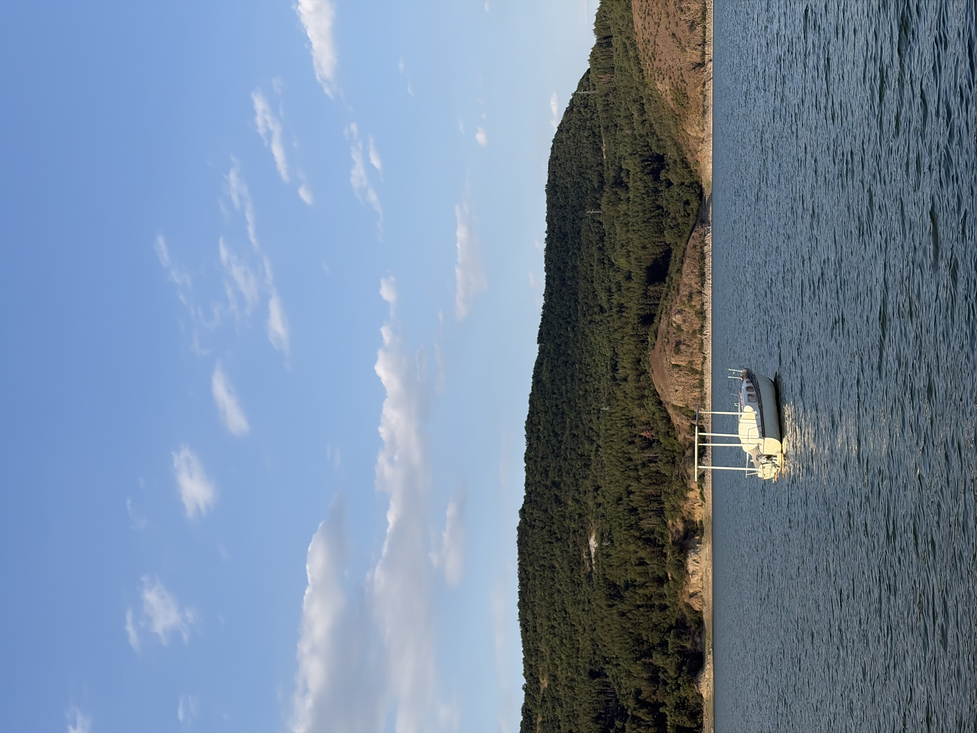 A serene daytime scene captures a small white boat with a white canopy sailing on a calm blue body of water. The water's surface is rippled, reflecting the clear blue sky dotted with scattered white clouds. In the background, a dense, dark green forest covers rolling hills. The shoreline where the water meets the land is a mixture of rocky outcrops and patches of dry earth. The overall impression is one of tranquility and natural beauty. The image does not contain any people.