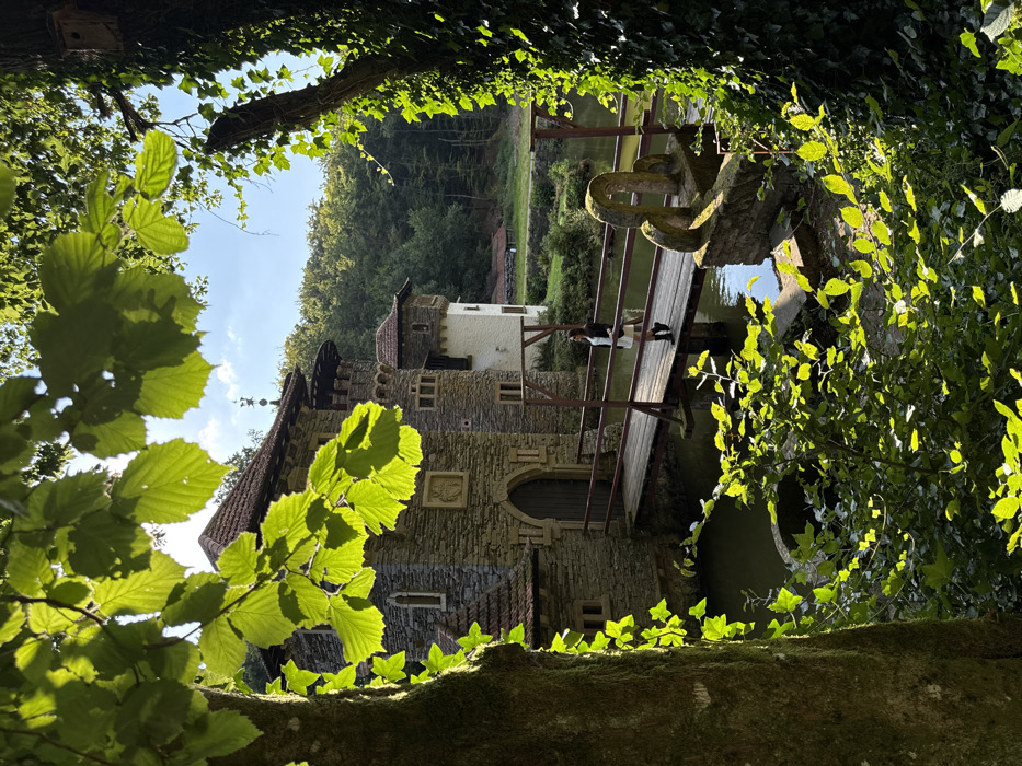 A sunlit scene depicts a stone castle-like structure in Groussbus-Wal, Luxembourg, viewed through foreground foliage. The primary building, constructed of grey stone with a reddish-brown tiled roof, features a central arched wooden door and a carved stone relief above. Adjacent to it are a smaller stone turret with a conical roof and a white-painted building section. A dark body of water surrounds the structure. A wooden bridge with brown metal handrails connects to the building's entrance. A lone female, dressed in a white top, dark jacket, and dark boots, stands on the bridge, oriented towards the right. A weathered, abstract stone sculpture is positioned at the water's edge to the right of the bridge. The foreground includes a moss-covered tree trunk and bright green leaves on the left, and an ivy-clad tree with a birdhouse on the right. A dense green forest occupies the background beneath a blue sky.