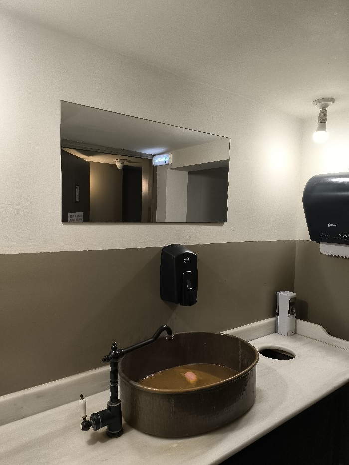 This image captures a public restroom or washroom in Nea Erithrea, Greece, featuring a blend of rustic and industrial design elements. The scene is static and devoid of people, illuminated by artificial lighting that creates a muted atmosphere.
In the foreground, a unique, dark metal basin-style sink, possibly made of copper or brass, is set into a light-colored counter. The sink contains a quantity of brown liquid and a small, pink oval object, likely a bar of soap. A vintage-style, dark metal faucet with a side lever extends into the basin from the left.
Mounted on the wall above the sink is a black, wall-mounted soap dispenser. To the right, a large, dark-colored paper towel dispenser is affixed to the wall, with the word "Sanitary" partially visible on its casing. Below this dispenser, a smaller white dispenser (possibly hand sanitizer or air freshener) sits on the counter beside an open hole. A bright, exposed light bulb in a simple white ceiling fixture provides illumination to this area.
A prominent rectangular mirror hangs on the upper left wall, reflecting a dimly lit hallway or corridor. The reflection shows a ceiling-mounted object (possibly a smoke detector) and a bright green exit sign. Below the exit sign, faint text on a reflected sign reads "NOTICE: NO SMOKING." The walls are divided horizontally, with a lighter, textured upper section and a darker, smooth lower section.