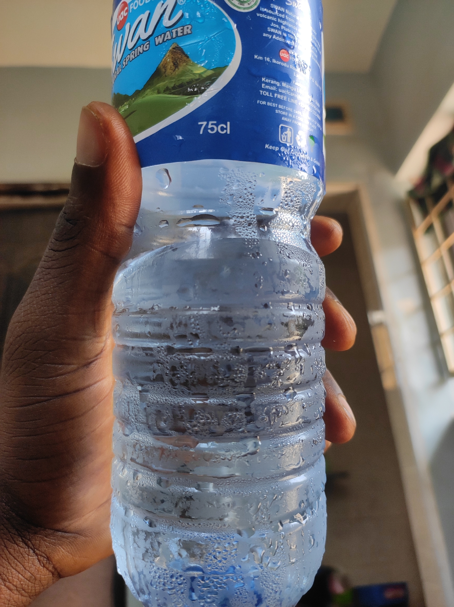 A close-up image shows a dark-skinned person holding a 75cl bottle of Swan Natural Spring Water. Condensation covers the bottle. The label is predominantly blue and features an image of a mountain, with the brand name "Swan" prominently displayed. Text on the label includes information about the product being sourced from volcanic highlands in Jos, Plateau State, Nigeria. Contact details for UAC FOODS and a toll-free number are also present. The setting appears to be indoors, with a partially visible window frame and door frame in the background. The image does not contain location information on the city of Abuja.