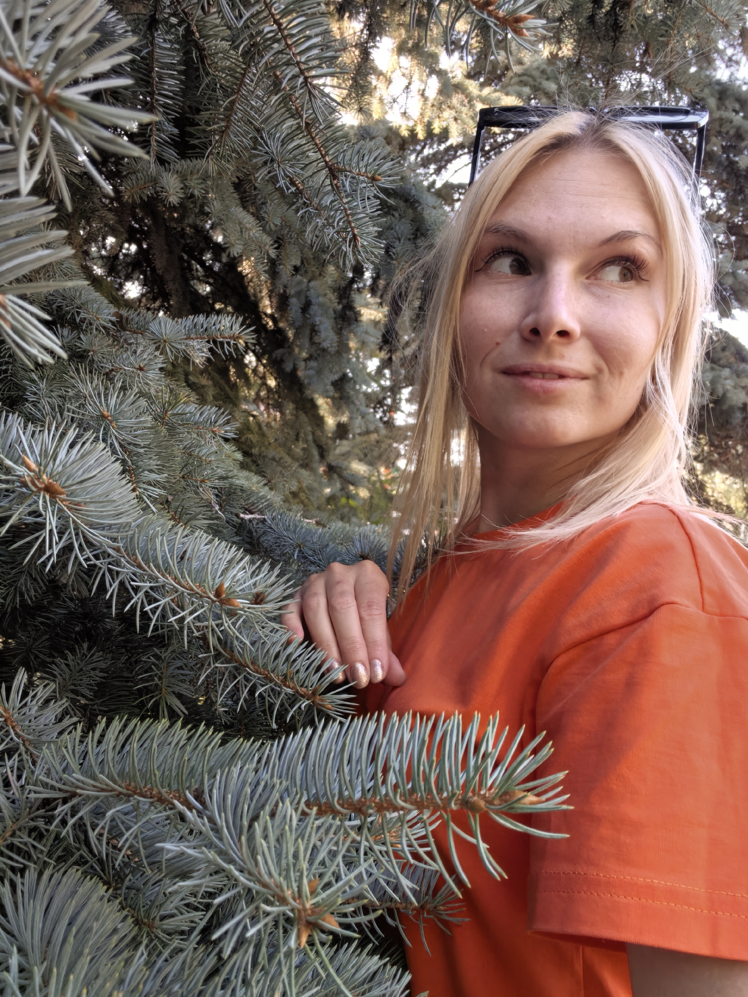 A blonde woman with glasses perched on her head is partially obscured by the branches of a blue spruce tree. She is wearing an orange t-shirt and looking to her right. Her left hand rests on a branch of the tree. The background shows more blue spruce trees and foliage, suggesting an outdoor setting, possibly a park or garden in Sterlitamak, Russia. The lighting indicates it is daytime.