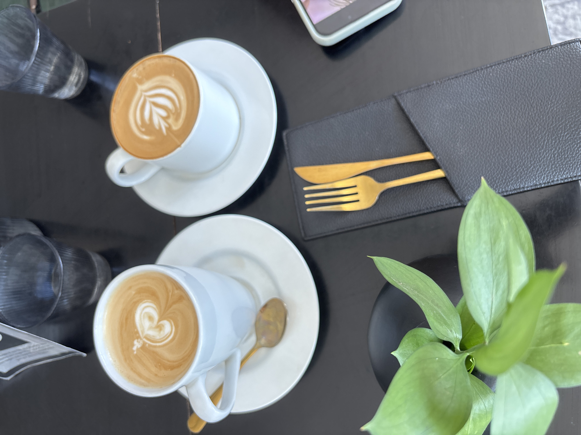 This overhead shot captures a tabletop scene at what appears to be a cafe or restaurant in Kuta Selatan, Indonesia. The dominant surface is a dark, possibly black, table.
Two white ceramic coffee cups with matching saucers are prominently featured. Each cup contains a latte with distinct latte art; one displays a heart design, and the other a multi-layered leaf or Rosetta pattern. Next to each coffee cup, a clear, ribbed glass is filled with water.
In the upper right portion of the table, a black, textured, leather-like holder contains a set of gold-colored cutlery: a knife and a four-pronged fork. A small section of a smartphone with a light-colored case is visible near the cutlery holder.
Towards the bottom right, a vibrant green plant with broad leaves sits in a dark, possibly black, pot, adding a touch of nature to the setting. A gold-colored spoon rests on the saucer of the bottom coffee cup. A blurry piece of paper with illegible text can be seen next to one of the water glasses.
The scene suggests a relaxed social gathering or a coffee break for two individuals. The lighting is bright and even, indicating daytime. The arrangement of items is orderly and aesthetically pleasing, emphasizing the drinks and the accompanying elements.