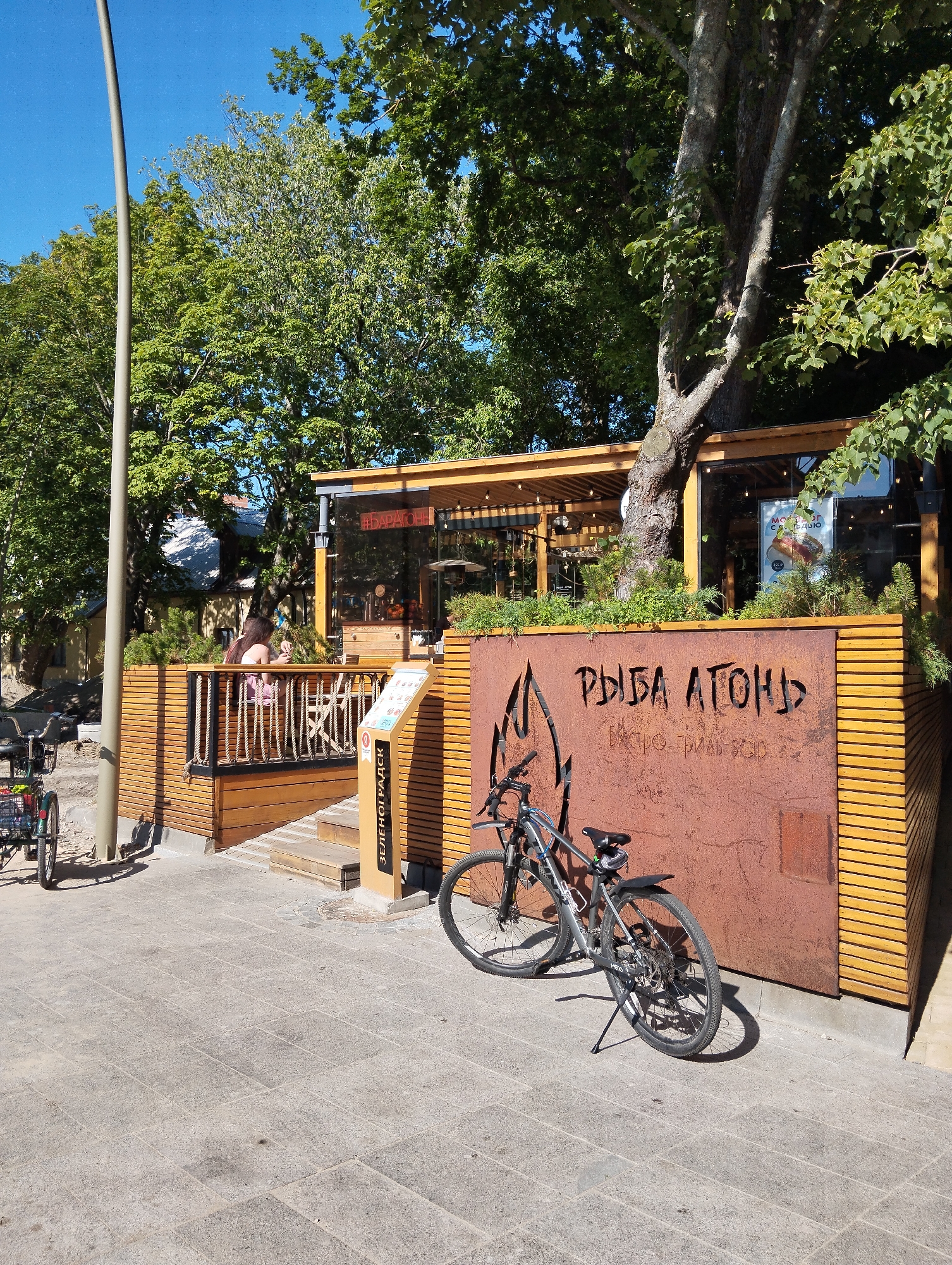 This is a daytime, outdoor photograph taken on a sunny day in Zelenogradsk, Russia. The scene features a modern cafe with a wooden facade and a glass enclosure, surrounded by lush green trees. In front of the cafe, there's a tiered wooden deck area with rope railings, where a young woman with long dark hair is seated, holding a pink object. Two bicycles are parked on the paved walkway in front of the cafe. One is a multi-speed bicycle leaning on its kickstand, and the other is a three-wheeled bicycle with a basket.
A large, weathered metal sign with a flame design is mounted on the cafe's exterior wall, bearing Cyrillic text. Another signpost with Cyrillic text stands near the entrance stairs. The cafe appears to be a restaurant or cafe, possibly specializing in seafood, given the prominent text on the metal sign. The overall atmosphere is relaxed and summery, suggesting a pleasant day for outdoor dining or a casual outing. The presence of bicycles implies a connection to recreational activities or a community that utilizes cycling for transportation.