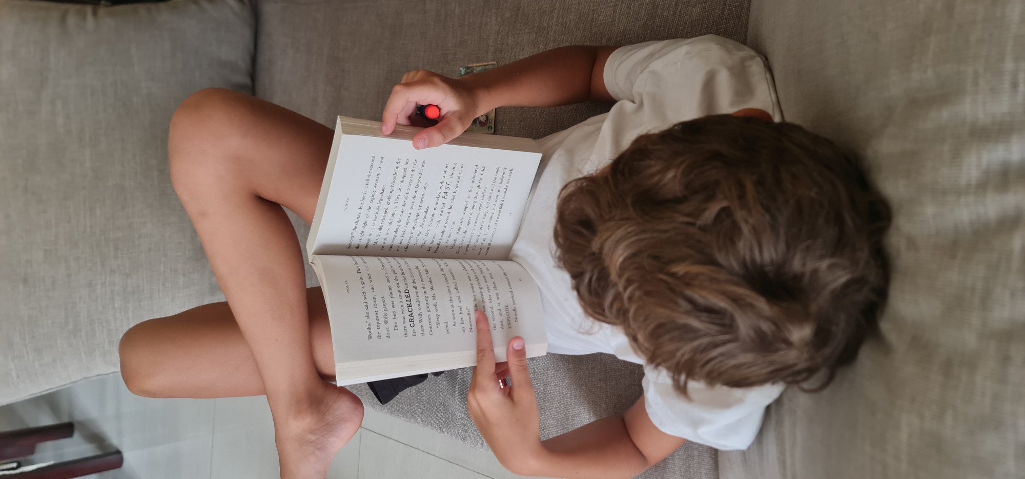 A child lies on a gray couch, engrossed in reading a book. The book is open, revealing text in English, and the child is holding a red marker in one hand, possibly to mark the text. The child's head faces the upper right corner of the image, with brown hair visible. The child is wearing a white shirt. The location appears to be indoors, likely a home.