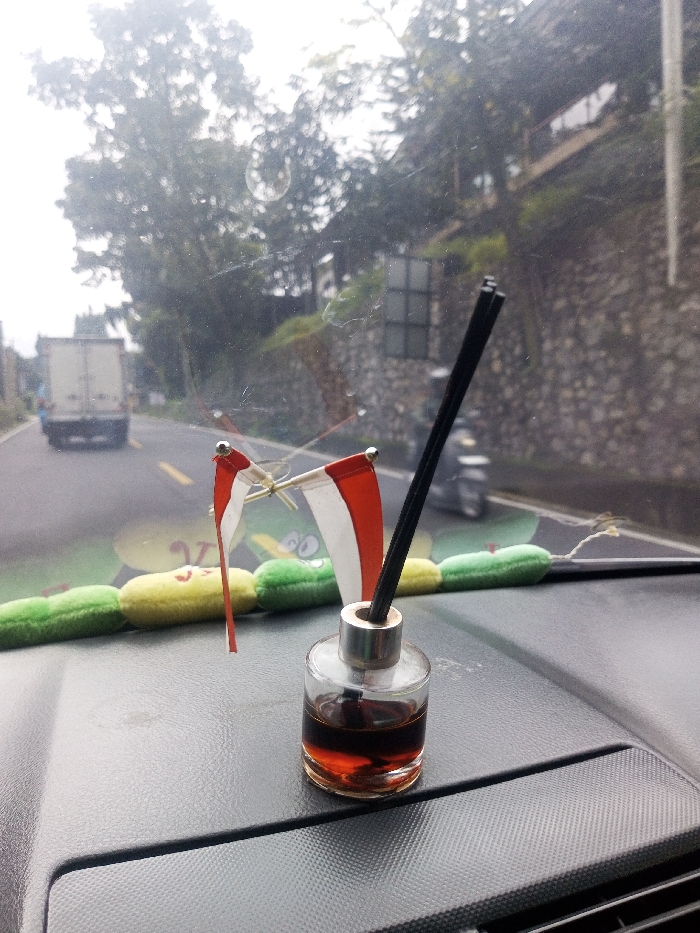 The image depicts an exterior view observed from the interior of a vehicle, presented as being located in the city of Jabalpur, India, though visual verification of this specific location is not ascertainable from the image data.
In the immediate foreground, a black, textured vehicle dashboard is visible. Positioned centrally on the dashboard is a small, clear glass bottle containing a dark amber liquid, with a silver-colored cap from which several black diffuser sticks protrude vertically. To the left of the diffuser, two small decorative flags, each horizontally striped red over white, are affixed to a slender rod with silver finials, suggesting the national flags of Indonesia or Monaco. Along the base of the windshield, a line of soft, plush decorations in green and yellow segments, some with cartoon-like facial features, is present.
Through the windshield, which exhibits several smudges and reflections, a two-lane asphalt road is visible. Faint yellow dashed lane markings are discernible on the road surface. In the distance on the left lane, the rear of a white box truck is seen moving away from the viewer. On the right side of the road, the rear of a grey scooter or motorcycle is partially visible. The right side of the road is bordered by a rough-hewn stone retaining wall, extending upwards into a vegetated slope with numerous trees and dense foliage. Higher on the slope, a building structure with visible windows is partially obscured by the trees. The sky is overcast.