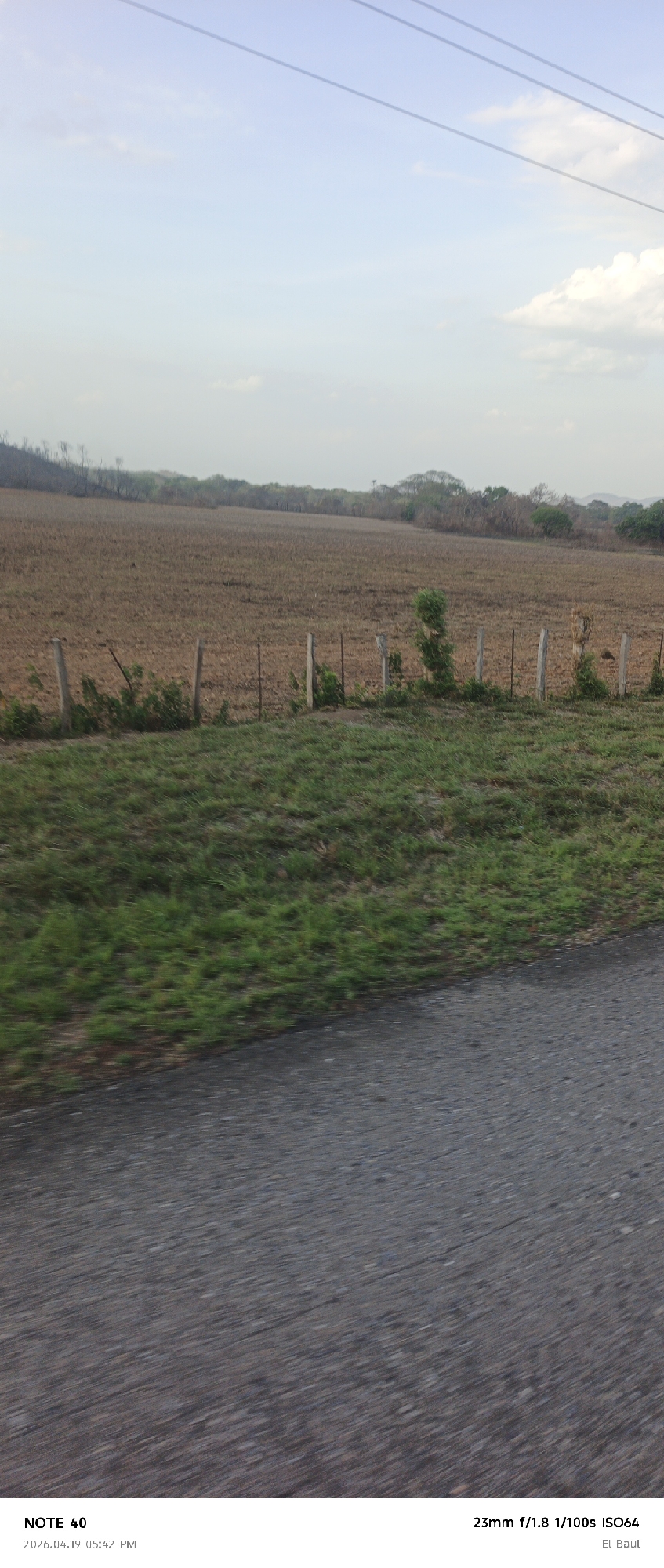 The image presents a rural scene in El Baul, located in the city of La Cruz, Venezuela. In the foreground, a blurred asphalt road dominates the view, indicating motion, likely from a vehicle. Adjacent to the road, a grassy area leads to a rustic fence constructed from wooden posts and wire. Beyond the fence, a large, seemingly barren field extends towards the horizon, where a line of trees is visible against a hazy sky. The image captures a typical landscape of the Venezuelan countryside, with elements of both natural and human-altered environments. The date and time stamp indicate the image was taken on April 19, 2026, at 05:42 PM.