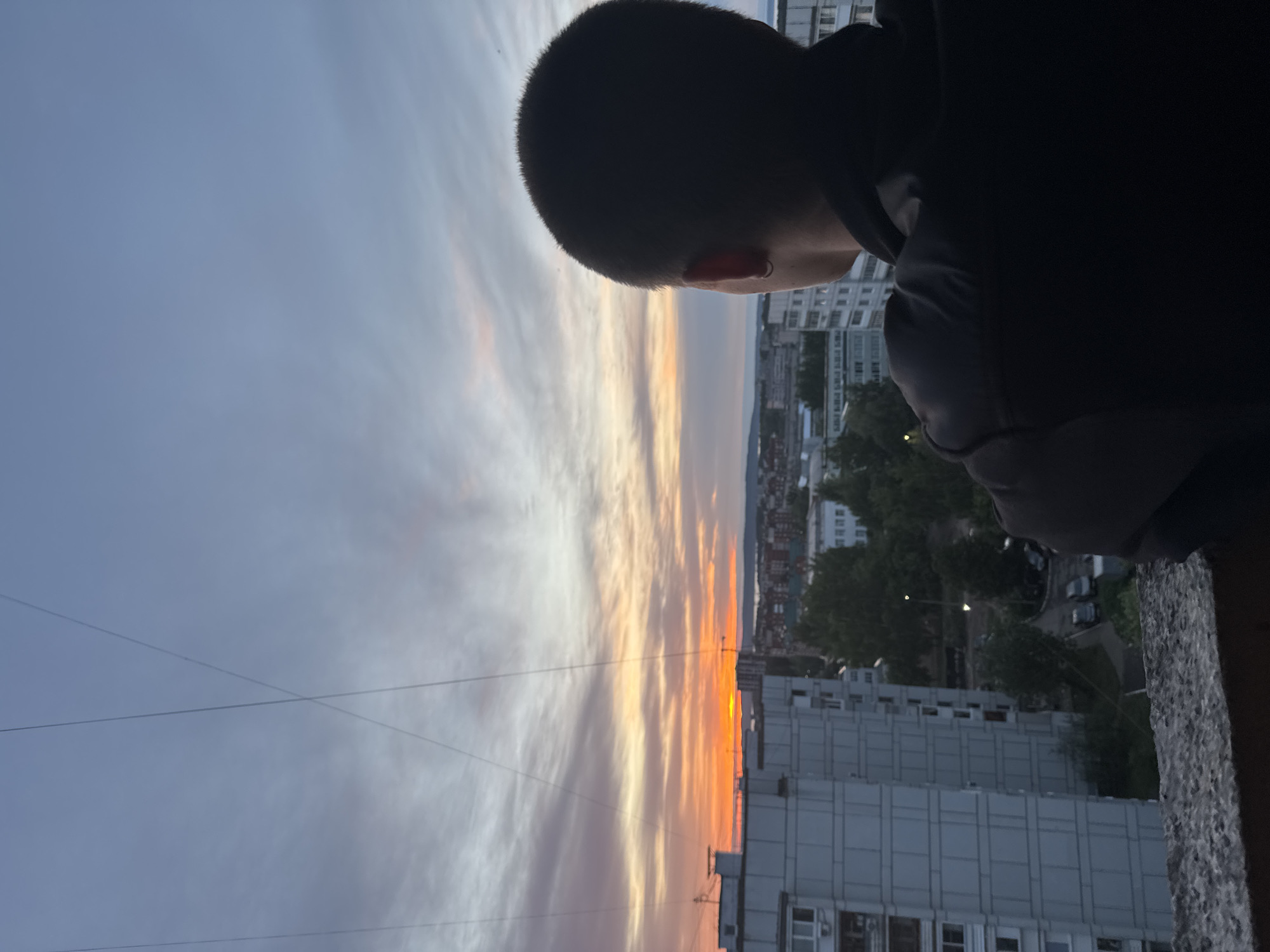A high-angle, slightly rotated view captures a cityscape at dusk or dawn, likely from an elevated position such as a balcony in Chaikovsky, Russia. The primary subject is the back of a person's head and shoulders, positioned to the right of the frame, appearing to look out over the city. The individual has short, dark hair and is wearing a dark-colored hooded sweatshirt.
The cityscape is characterized by a mix of residential buildings, including multi-story apartment blocks, as well as some greenery suggesting trees and possible parks. The sky is painted with hues of orange and pink near the horizon, transitioning into a lighter, pale gray above. Power lines are visible across the sky. The horizon shows what looks like a low-lying mountain range or a distant landscape feature. The image suggests a quiet, introspective moment overlooking a densely populated urban area at a transitional time of day.