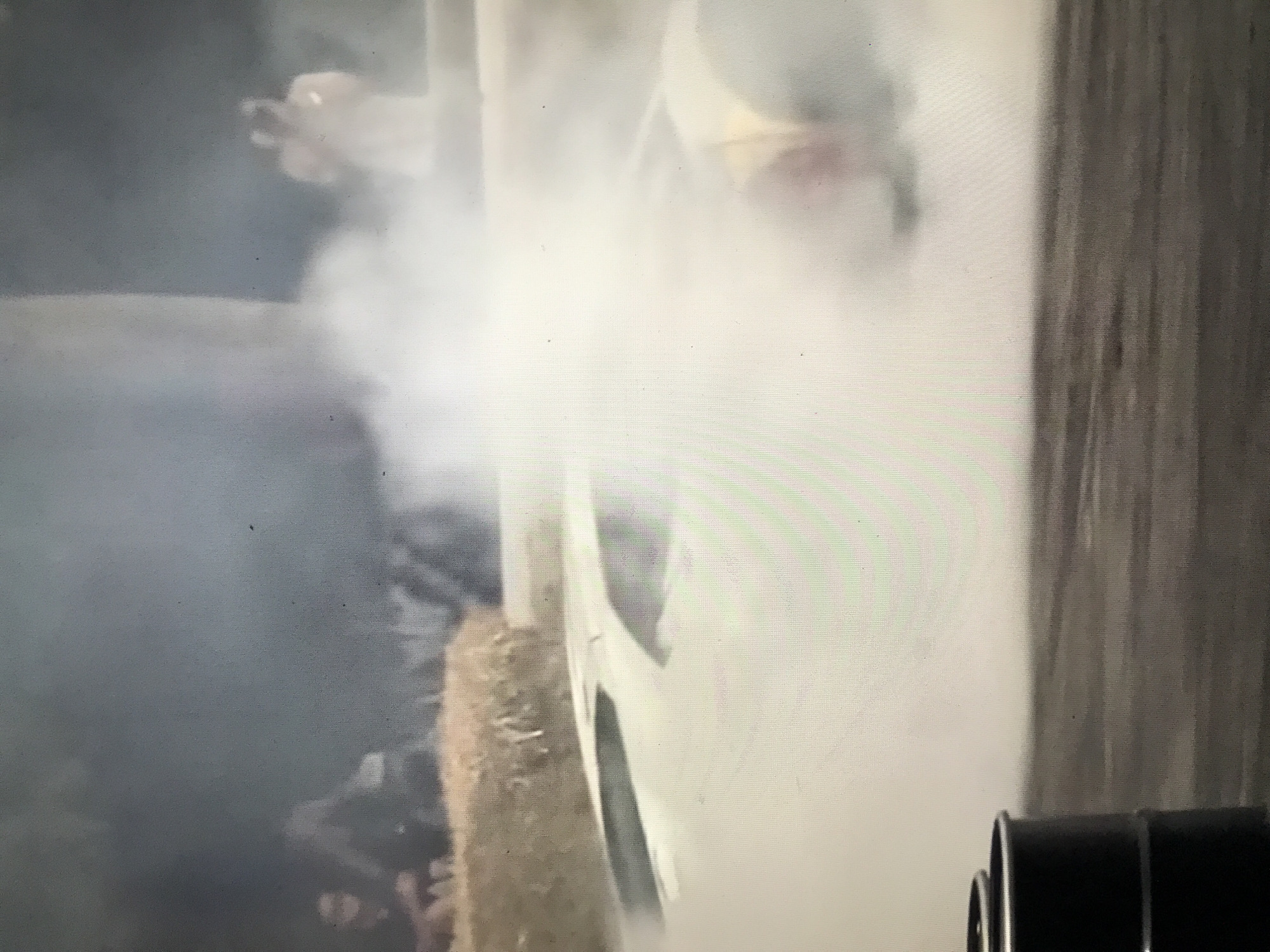 The image shows a white car engulfed in a cloud of white smoke on a street in Lapčići, Montenegro. A group of people is visible on the left side of the image, observing the scene. There is a black barrel-like object partially visible in the lower right corner. The surroundings suggest a street or roadside environment with grassy or earthy borders.