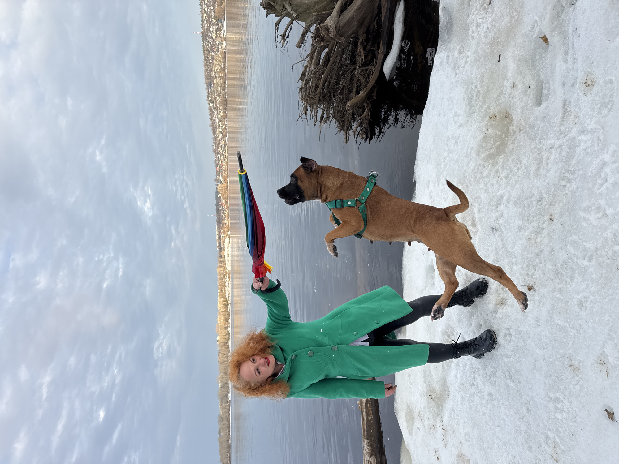 A woman in a green coat and black leggings stands on a snow-covered riverbank with a dog in front of her, in Noviy, Russia. The woman holds a closed, multi-colored umbrella over her head. The dog is mid-air as it leaps across a gap between the snow and a riverbank. The river runs behind them, with a distant city skyline visible on the opposite shore. The sky is overcast. A tree root structure is visible adjacent to the gap the dog is jumping across.
