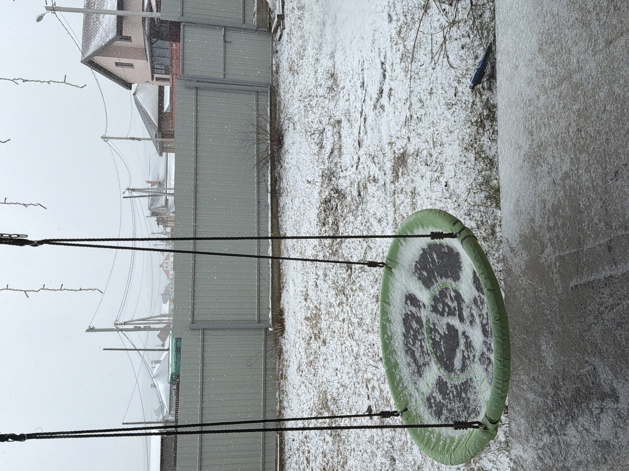 The image shows a snowy backyard in Chaikovsky, Russia. A circular green swing hangs from black ropes. A gray metal fence runs along the left side of the yard. Beyond the fence are houses, utility poles, and power lines. Light snow covers the ground and the swing. A concrete wall is on the right side.