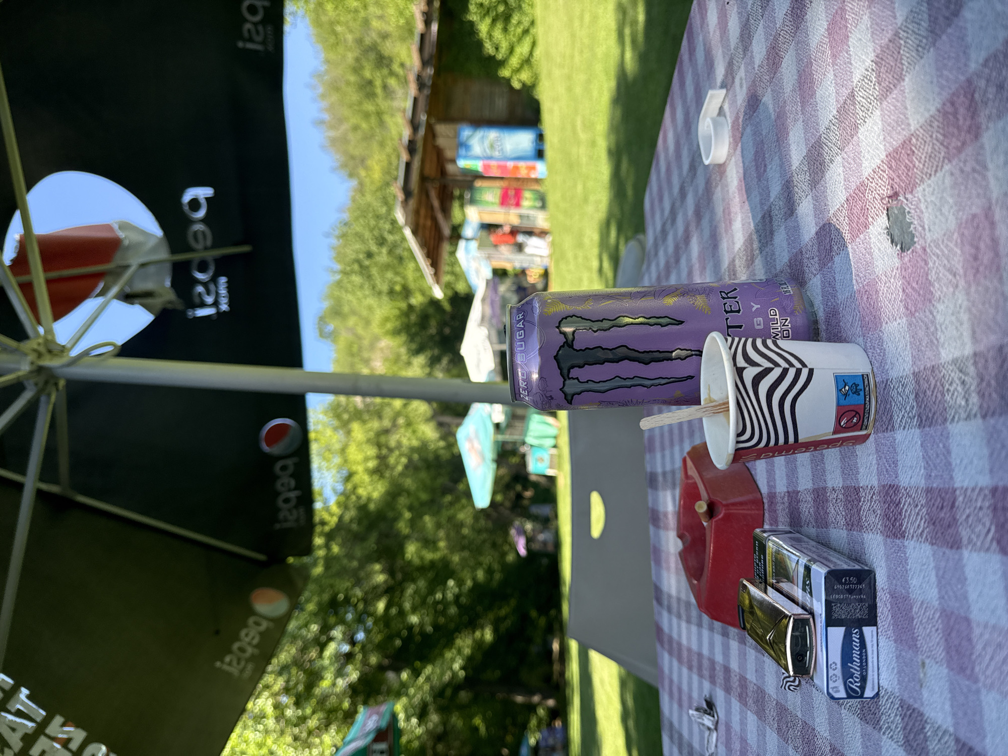 The image captures a still life on a red and white checkered tablecloth, presumably on a picnic table in Hotnitsa, Bulgaria. The scene is partially shaded by a black Pepsi umbrella. Dominating the table are a purple Monster Energy drink can, a paper cup with a zebra-like black and white pattern containing two wooden sticks, a red plastic ashtray, and a pack of Rothmans cigarettes. The background features trees and a building. The lighting suggests it is daytime.