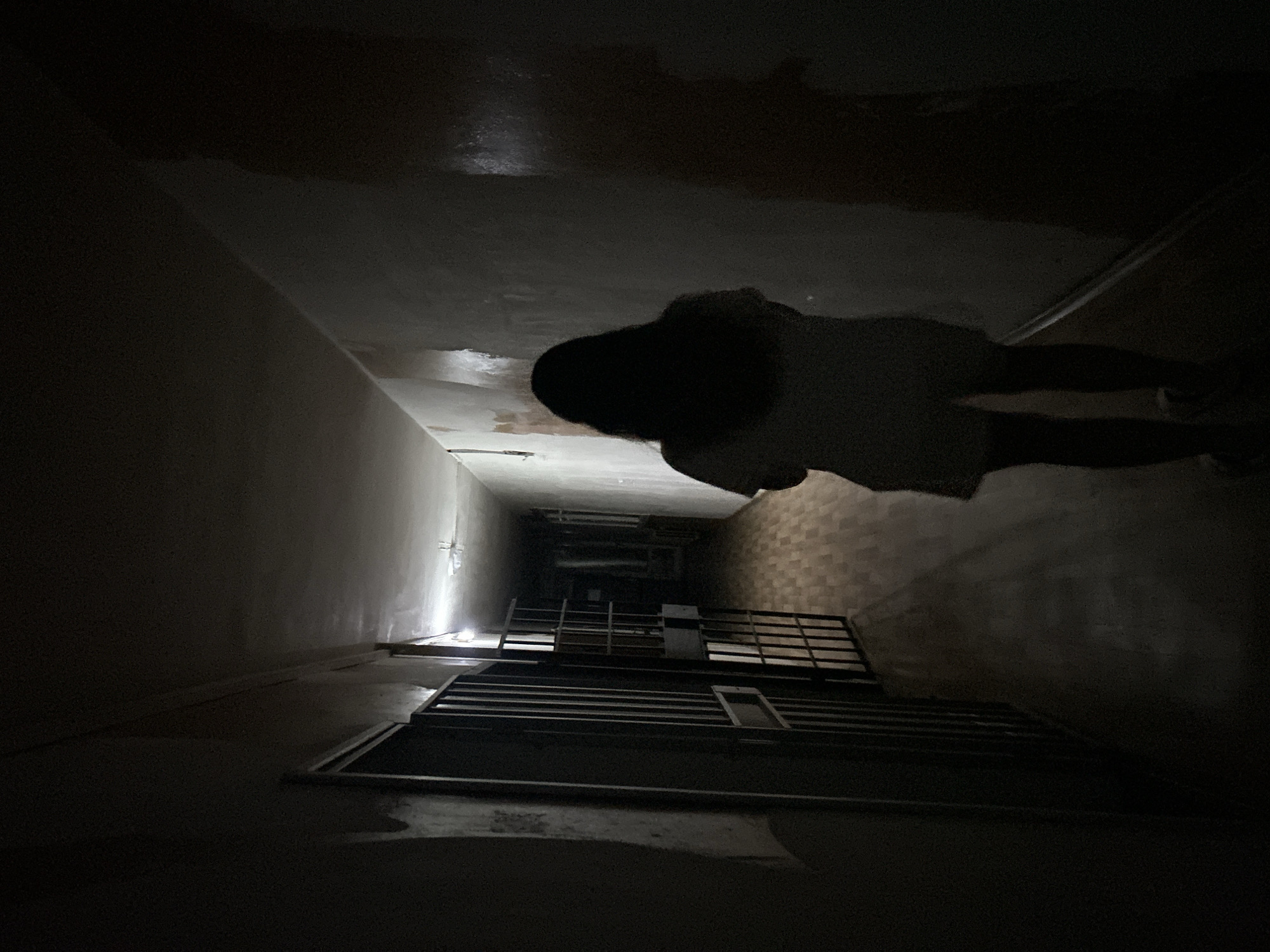 A high-angle shot looking down a narrow, dimly lit shaft. The bottom is partially filled with a metal structure, likely some form of grate or platform. The walls of the shaft are concrete or plaster, and the upper area appears to show a person standing at the edge, possibly looking down into the shaft. The location cannot be determined from the image.