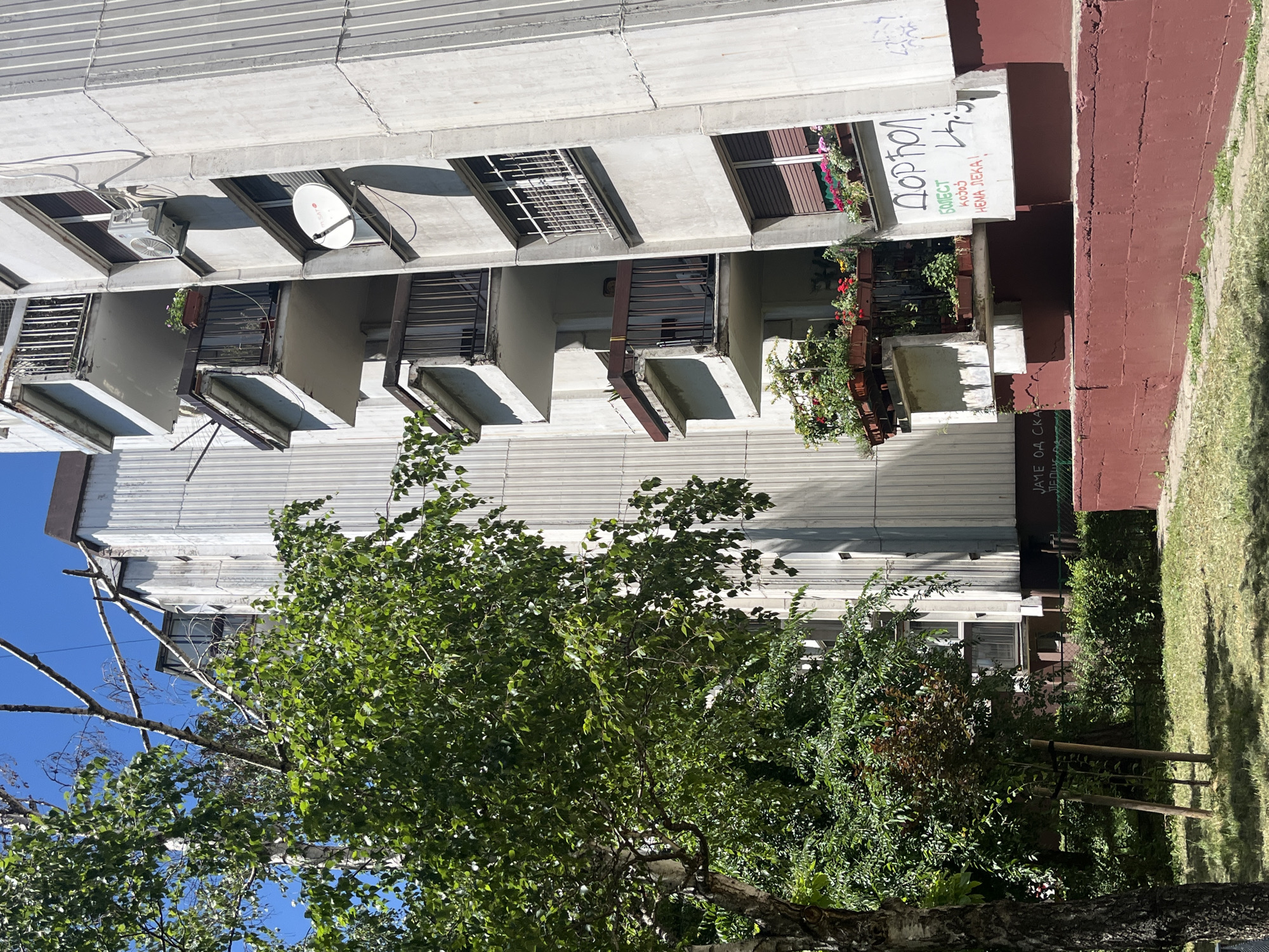 The image shows an exterior view of an apartment building in Belgrade, Serbia. The architecture is characterized by exposed concrete panels and projecting balconies. Some balconies feature metal security bars and potted plants. Graffiti is visible on the side of the building. A tree with green leaves dominates the foreground.