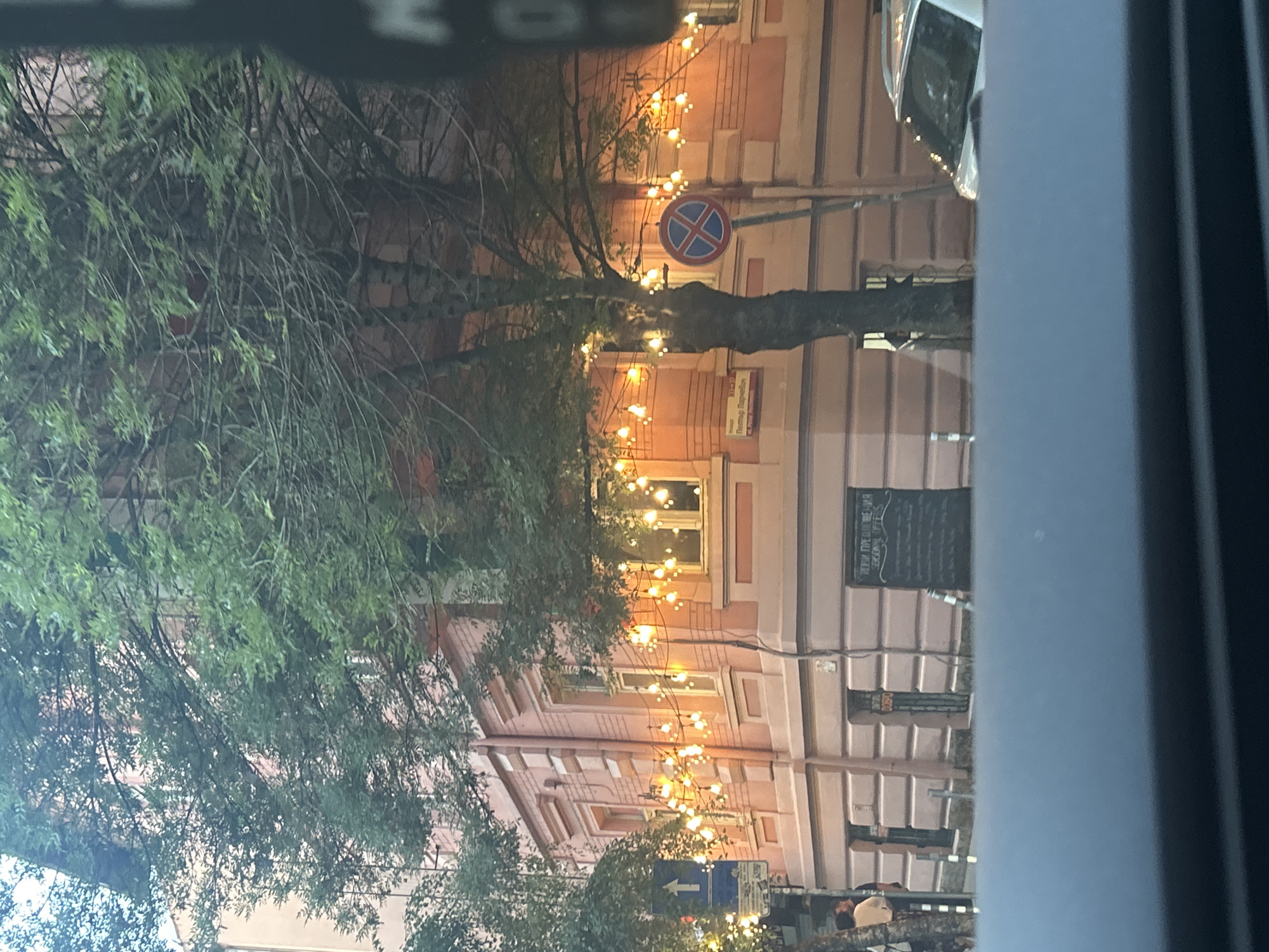 The image depicts a street scene at dusk or evening in Sofia, Bulgaria, specifically on Ulitsa Petar Parchevich. A prominent light pink, multi-story corner building occupies the central and right portions of the frame. Its upper floors feature decorative pilasters, and the lower level has horizontal textured banding. Multiple strings of warm-toned, spherical string lights illuminate the building's facade, particularly across its windows.
Several trees with green foliage partially obscure the building; one large tree trunk stands vertically in the mid-right foreground. Two road signs are visible: a blue square sign with a white upward arrow on the left, and a circular red and blue "No Stopping" sign on the right. Below the "No Stopping" sign, a white street name plate clearly displays "Ул. Петър Парчевич". On the ground floor of the building, a black chalkboard sign exhibits text in both Cyrillic and English, including "ТЕКУЩИ ПРЕДЛОЖЕНИЯ" (Current Offers) and "SEASONAL OFFERS."
Two individuals are partially visible on the sidewalk in the lower-left, near the blue arrow sign. A silver passenger vehicle is partially visible on the street in the far right. The photograph was captured from within a vehicle, indicated by the dark dashboard or window frame in the immediate foreground.