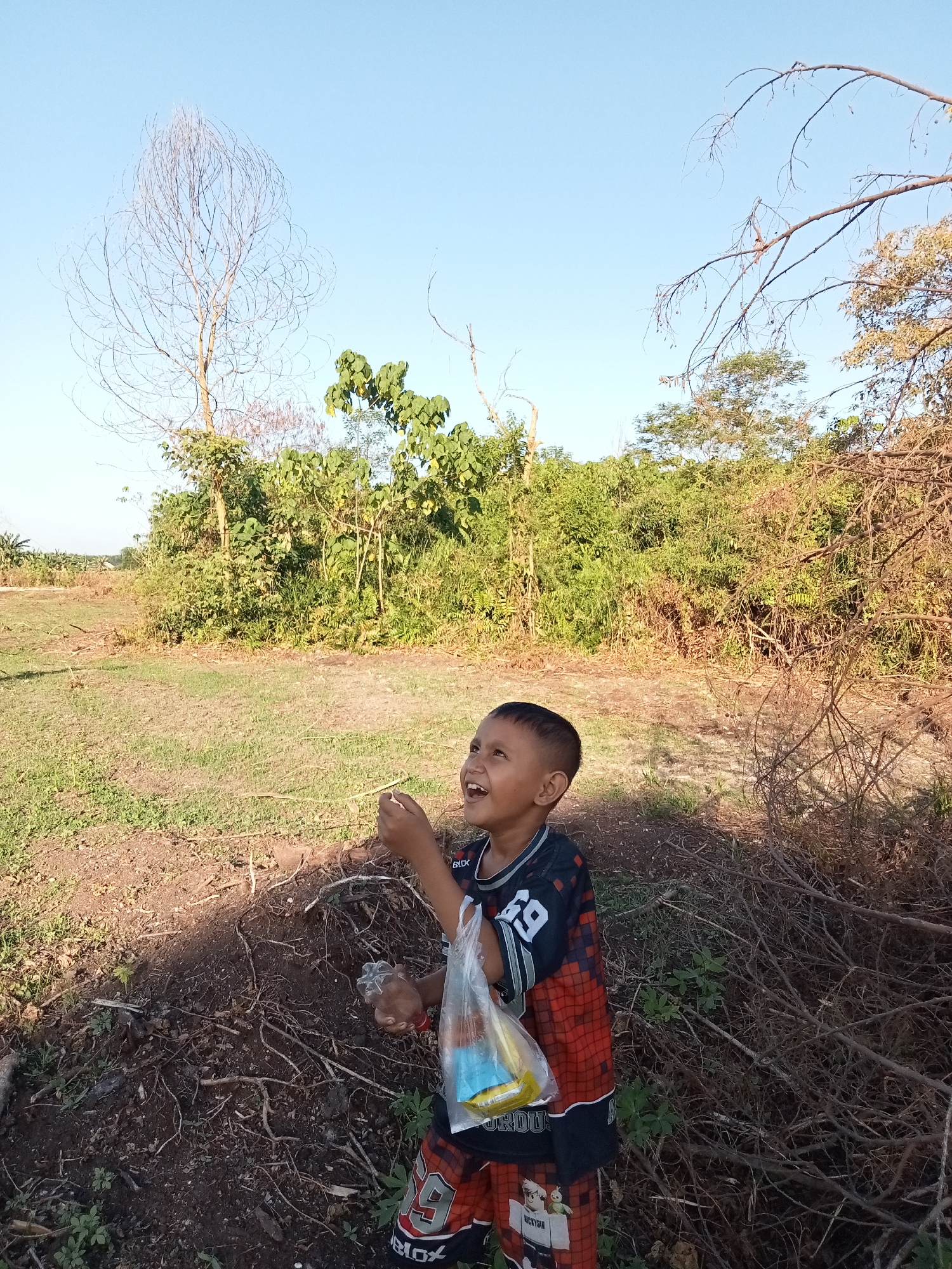 In the city of Kualu, Indonesia, on a bright day, a young boy stands in an outdoor area. He is wearing a black and red jersey with the number 69, and checkered shorts. In his right hand, he holds a clear plastic bag containing yellow and blue items. His gaze is directed upwards, with a wide smile and his mouth open, suggesting he is looking at something in the sky, possibly bubbles or an insect. The ground around him is covered with dry leaves, twigs, and some green grass. Behind him, lush green trees and bushes form a dense backdrop. A tall, bare tree with intricate branches is visible on the left side of the frame, contrasting with the foliage. The sky is a clear, pale blue. The overall scene depicts a moment of joy and interaction with nature.