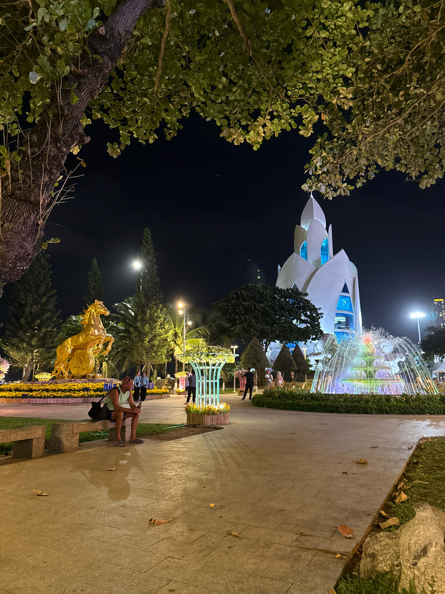 The image depicts a night scene in a park in Nha Trang, Vietnam, likely Nha Trang Center or a nearby public space, characterized by illuminated structures and greenery. Dominating the background is a distinct white, multi-tiered building resembling a flower or a stylized lotus, with blue accents visible through its windows. In front of this structure, a colorful, illuminated fountain sprays water upwards, creating a vibrant display.
To the left of the fountain and building, a golden statue of a horse rearing up on a circular base is prominently featured, surrounded by yellow flowers. A large tree with dense green foliage partially obscures the top left of the frame, its branches extending into the dark sky.
In the mid-ground, several people are visible. A man sits on a stone bench, holding a phone and what appears to be a bottle, looking down. He is wearing a light-colored tank top and dark shorts. Behind him, a group of people, including some in what appear to be official uniforms, are standing. Further right, a few other individuals are seen near illuminated decorative structures and planters.
The foreground consists of a paved pathway with scattered leaves. The ground is illuminated by ambient light from the park's features, casting shadows. The overall atmosphere is one of a lively, illuminated public space at night, showcasing architectural and artistic elements typical of a tourist-friendly city. The presence of palm trees and lush vegetation further confirms a tropical or subtropical location like Nha Trang.