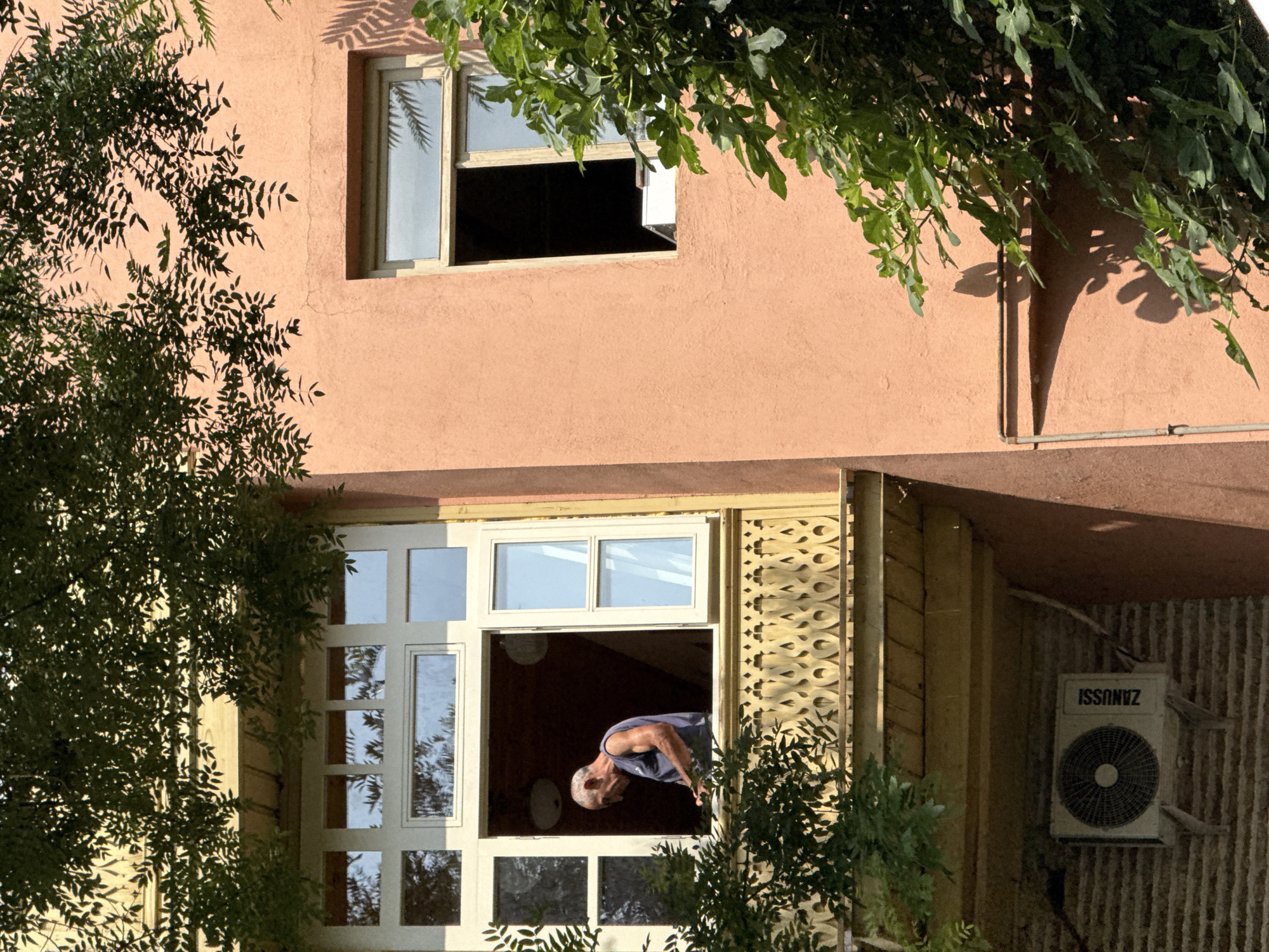 A man in a blue sleeveless shirt is standing in an open window of a peach-colored building in Tbilisi, Georgia. He is looking down and appears to be working on something. The window is on the second floor and has a decorative wooden balcony railing below it. Green foliage from trees obscures parts of the building and the window. To the right of this window is another smaller, open window. An air conditioning unit is mounted on the wall below the balcony. The overall scene is lit by bright sunlight, casting shadows from the trees onto the building.