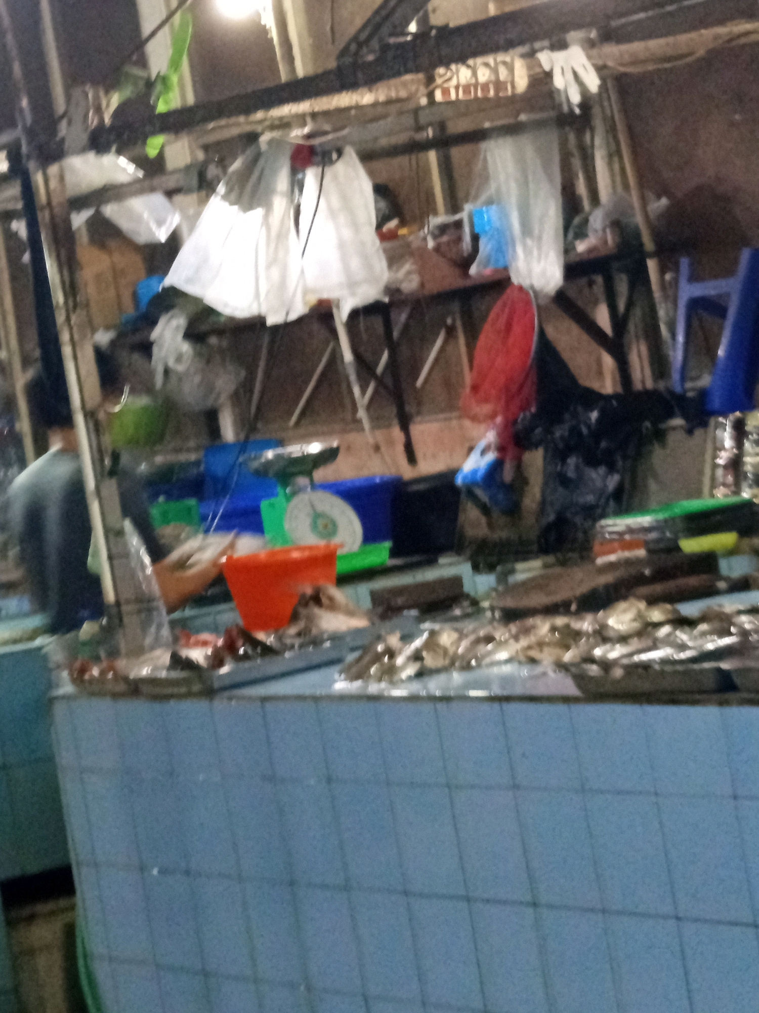 The image depicts a market scene, possibly a fish market, in Karawang, Indonesia. The foreground is dominated by a counter tiled with light blue squares, on top of which rests an assortment of fish. The fish appear to be laid out on trays or directly on the counter, with some appearing fresh and others processed, like dried or salted.
Behind the counter, various items are visible. There are several containers, including blue plastic tubs, a green bucket, and an orange conical container. A weighing scale with a circular dial is also present. Above this, a cluttered arrangement of objects suggests the bustling environment of a market. White plastic sheeting or bags hang from a structure, alongside other materials and what appears to be fishing nets. A person, partially visible and facing away from the camera, is dressed in a grey top and stands behind the counter, possibly attending to the fish. The lighting is dim, with some artificial light sources creating shadows and highlights, characteristic of an indoor market or one operating at night or in low-light conditions. The overall impression is one of a functional, working market environment where fresh produce is being displayed and sold.