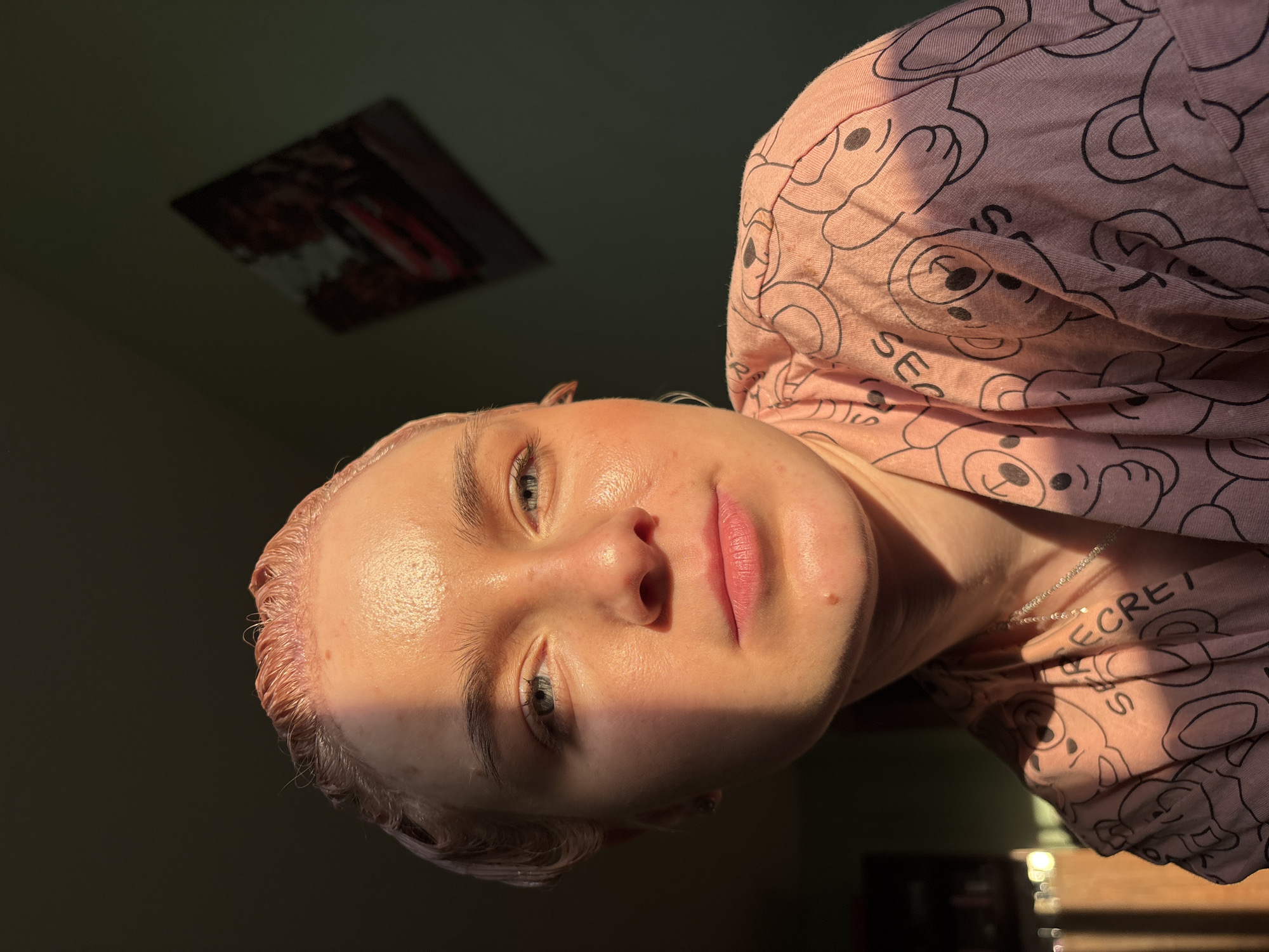 The image is a close-up, tilted portrait of a person with fair skin, light-colored eyes, and light-toned hair that appears wet or styled around the hairline. Strong, warm, directional sunlight illuminates the left side of their face and upper body, creating bright highlights and pronounced shadows, indicative of golden hour lighting indoors. The person looks directly at the camera with a neutral expression.
They are wearing a pink garment, likely a casual top or pajamas, featuring a repeating pattern of black outlines of teddy bears and the capital word "SECRET." A delicate silver chain necklace is visible around their neck. The background is dark and out of focus, showing a blurry rectangular object, possibly a framed picture, hanging on a wall in the upper left corner. The setting appears to be indoors, in an unknown location.