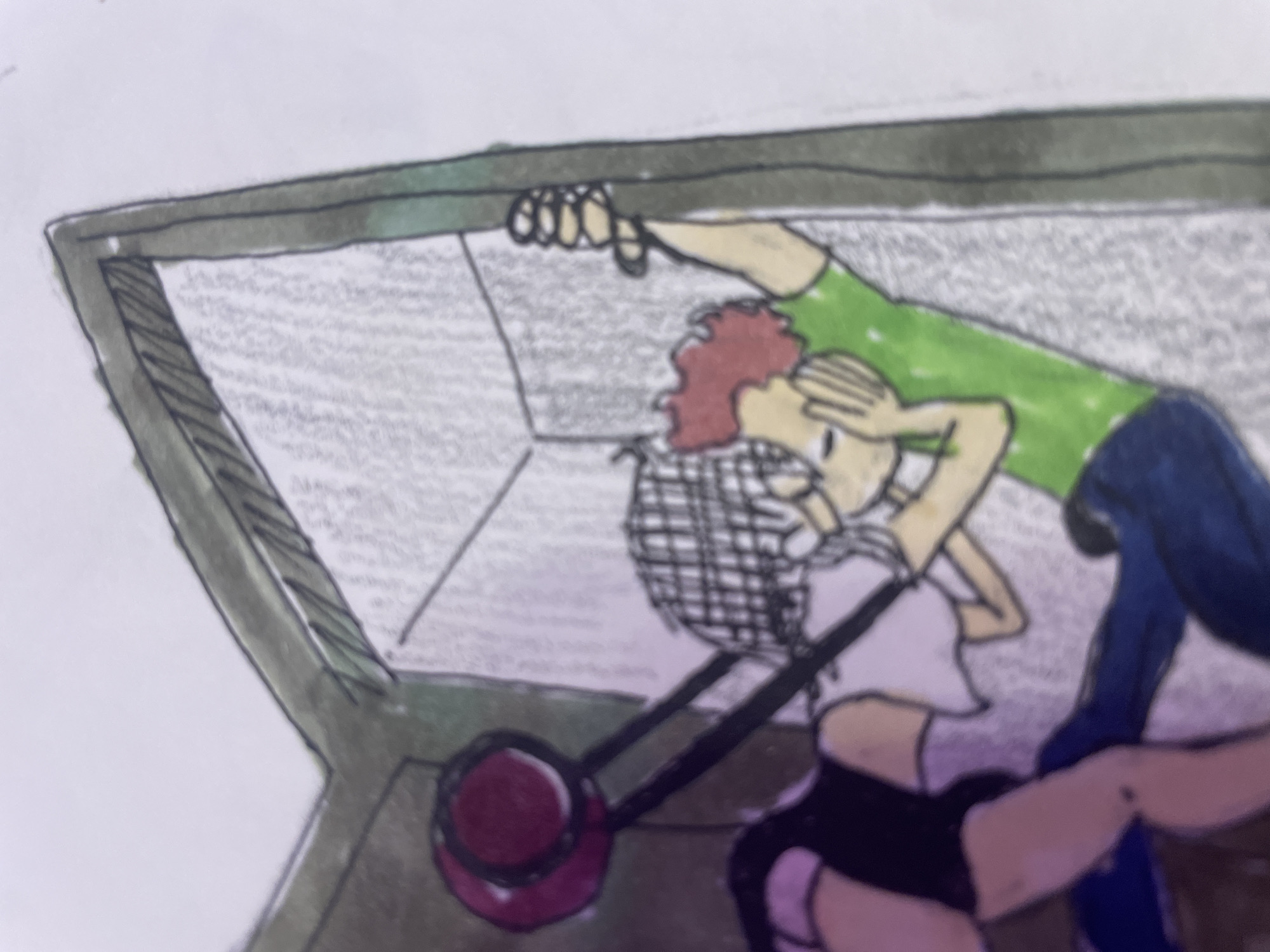 The image depicts a hand-drawn illustration of two figures in what appears to be a doorway or narrow passage. The figure on the left is partially visible, wearing a dark top and shorts with pink accents. They are positioned leaning forward, with one hand resting on a red, circular object with handles. The figure on the right has red, curly hair and is wearing a green t-shirt and blue pants. They are shown with their arm raised, gripping the edge of the doorway, and their other hand is covering their mouth. The background is a light gray, textured surface, suggesting walls within a confined space. The overall style is sketchy and informal, rendered in colored pencils or markers. The scene implies an interaction between the two figures, possibly one of surprise or distress for the figure on the right. The location is described as "Unknown, Unknown," indicating a lack of specific geographical or contextual information.