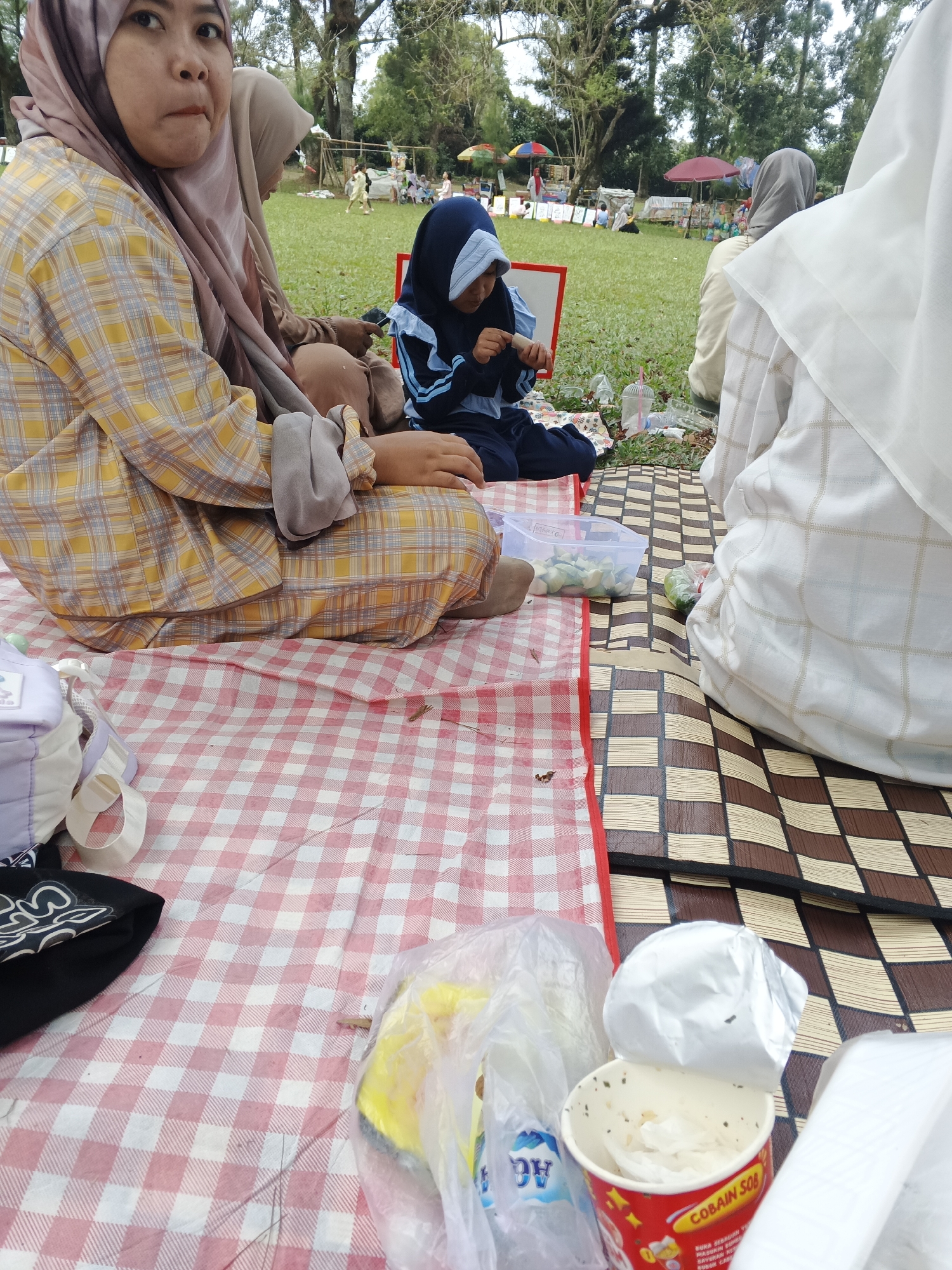 A group of people are having a picnic in a grassy park. The foreground is dominated by a red and white checkered picnic blanket and a brown and tan checkered mat. Several food items are visible, including a clear plastic container with sliced fruit, a plastic bag with yellow objects, and an open cup of instant noodles. In the middle ground, a child wearing a blue hijab is seated, looking down at something in their hands. Other individuals are partially visible, wearing hijabs and traditional clothing. The background shows a line of vendors under colorful umbrellas, with people browsing. Tall trees with lush green foliage form a backdrop, and the ground is covered in grass. The scene appears to be taking place in an outdoor recreational area, possibly a park or a tourist spot.